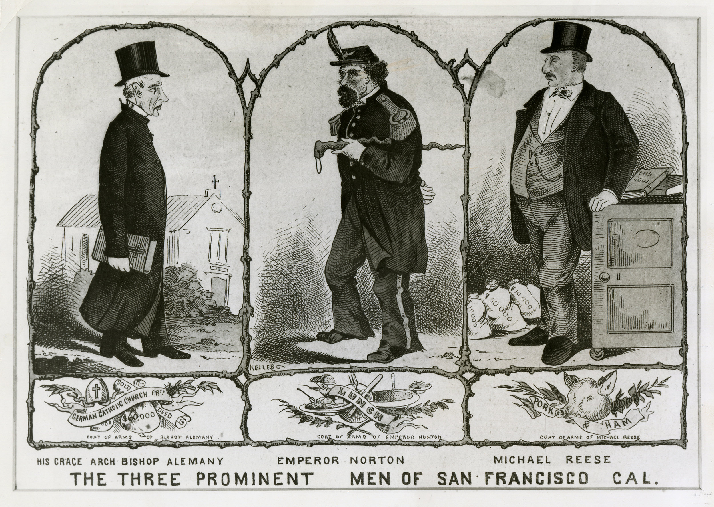   "The Three Prominent Men of San Francisco, Cal.", c.1873–74, by George Frederick Keller (1846–1927).  Originally published in  Thistleton’s Jolly Giant . Source: Portrait Collection, California Historical Society, PC-PT_00191. A modified version of