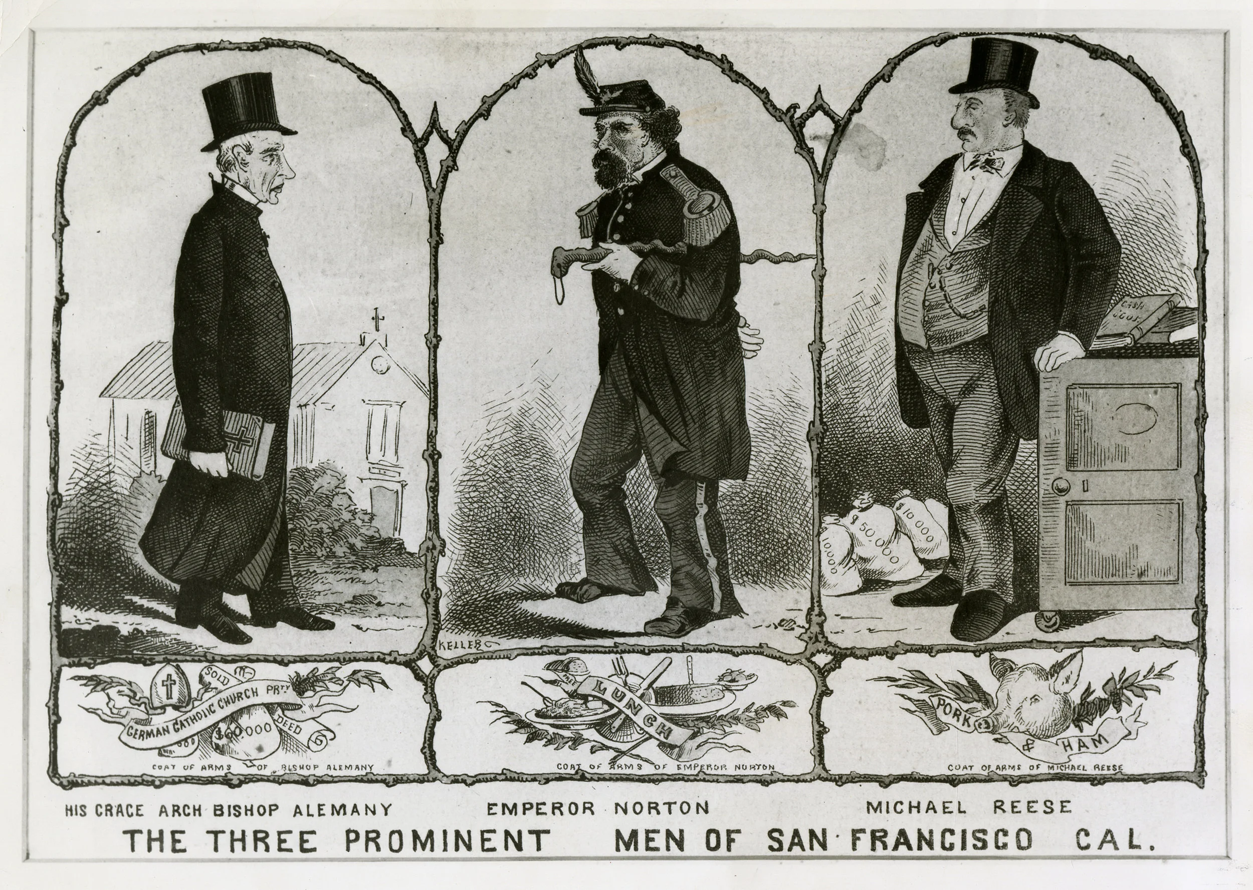 "The Three Prominent Men of San Francisco, Cal.", c.1876–1878, by George Frederick Keller (1846–1927). Source: Portrait Collection, California Historical Society, PC-PT_00191. A modified version of the Norton illustration accompanied a piece on Norton that appeared in the San Francisco Bulletin of 20 December 1913. This later version is here .