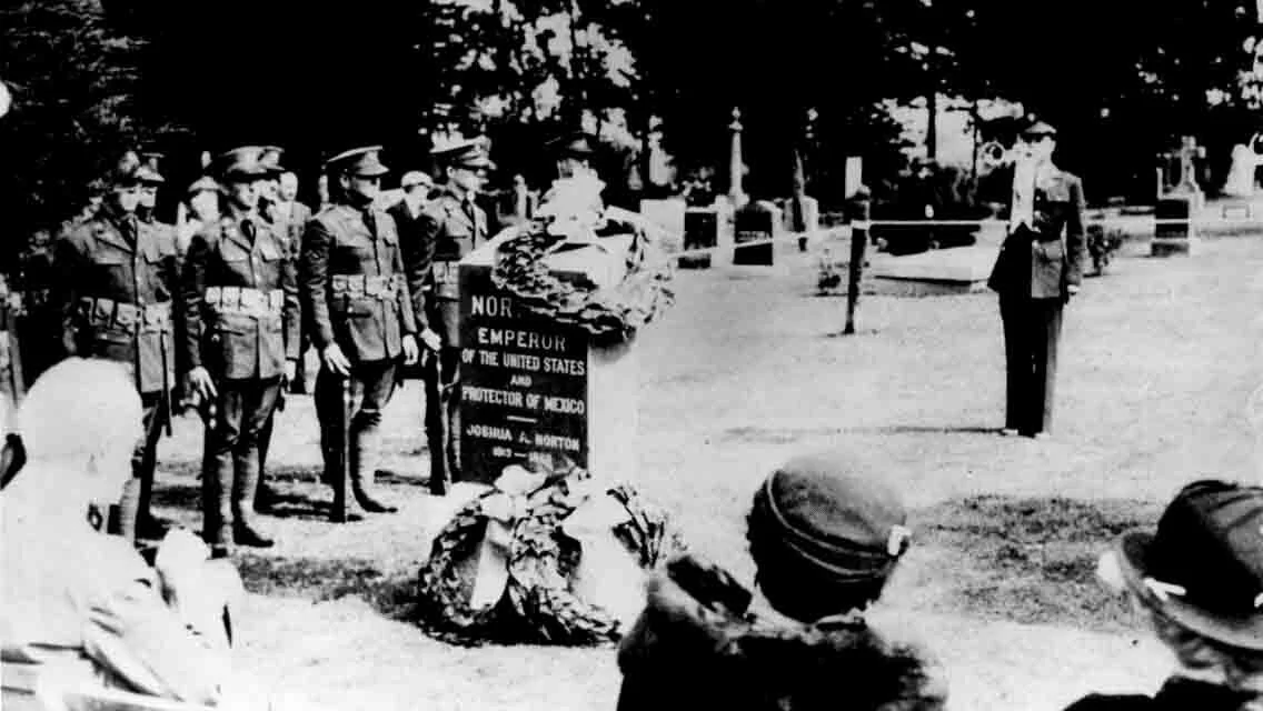 Dedication ceremony for reburial of Emperor Norton, with new headstone, in Woodlawn cemetery, Colma, Calif., 30 June 1934. Source: Jewish Museum of the American West .