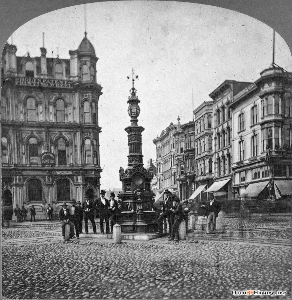 Lotta's Fountain, at Market, Kearny and Geary Streets, San Francisco, c.1880. Source: OpenSFHistory /wnp24.oo33a.jpg