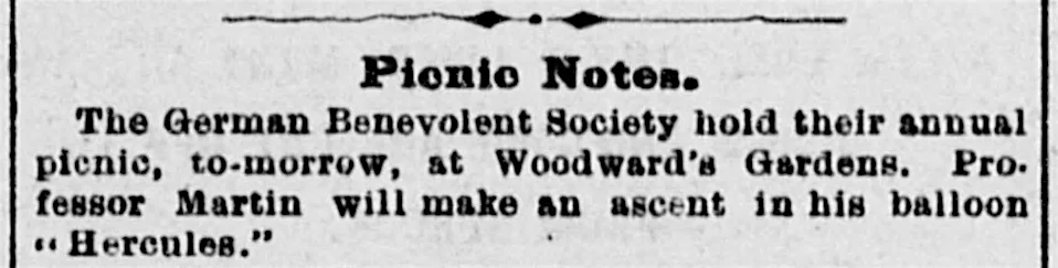 Item re annual picnic of the German Benevolent Society , Daily Alta California , 11 May 1878. Source: California Digital Newspaper Collection .