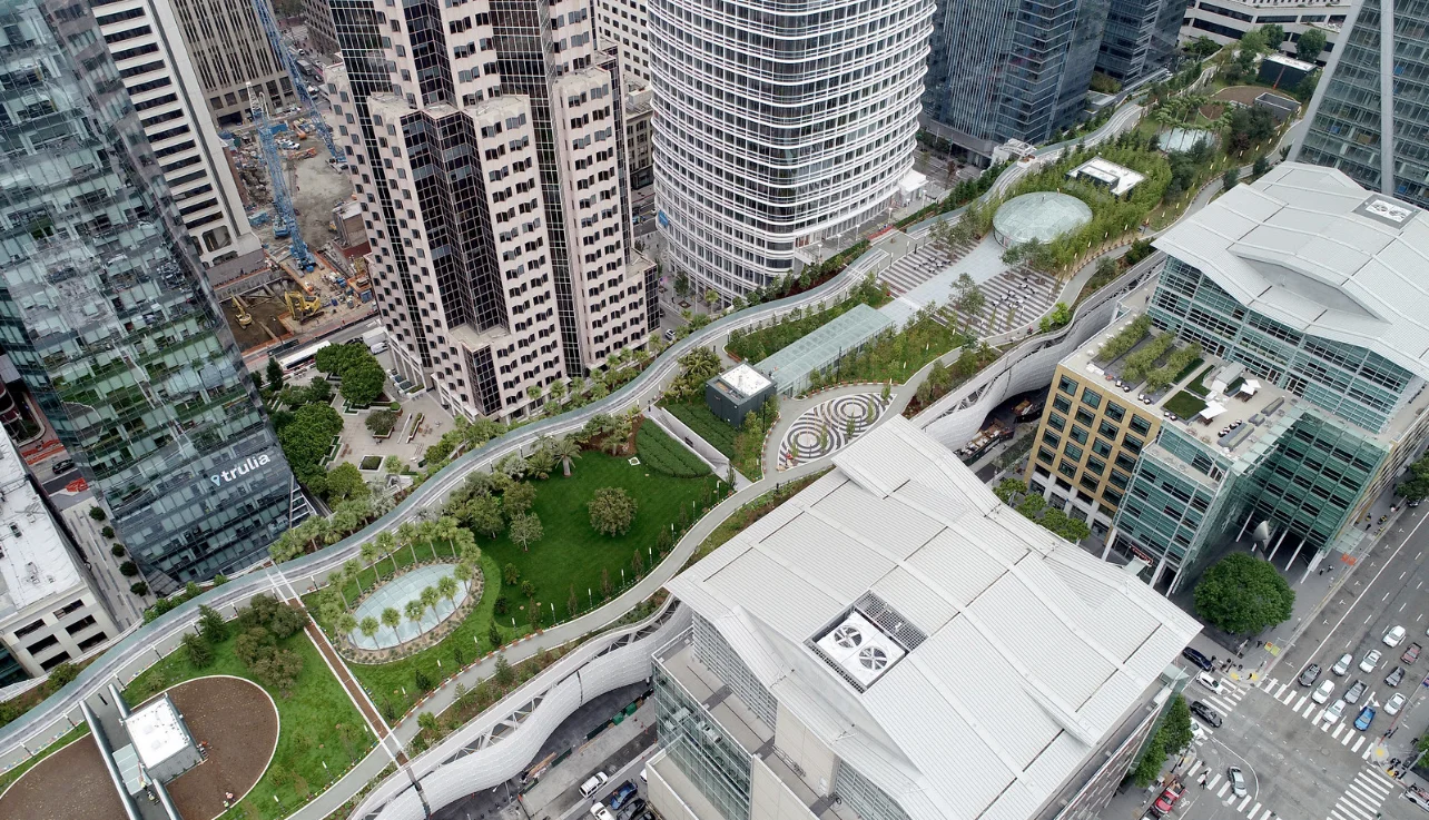 Transbay Transit Center and Park. Drone view on 8 August 2018. © 2018 Jane Tyska / Bay Area News Group .