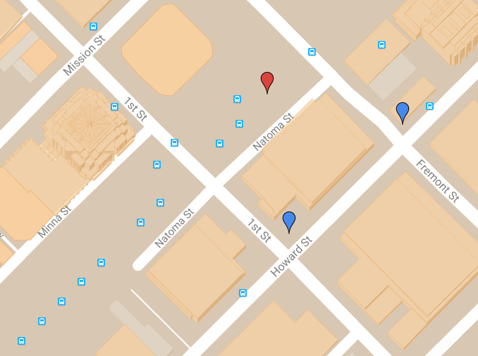 The former sites of Joshua Norton's receiving and warehousing operation (blue pins) relative to the new Transbay Transit Center (red pin). For a full interactive map of 47 sites that are historically associated with Emperor Norton and 14 sites of Emperor-inspired public art, see our dynamically updated Emperor Norton Map of the World .