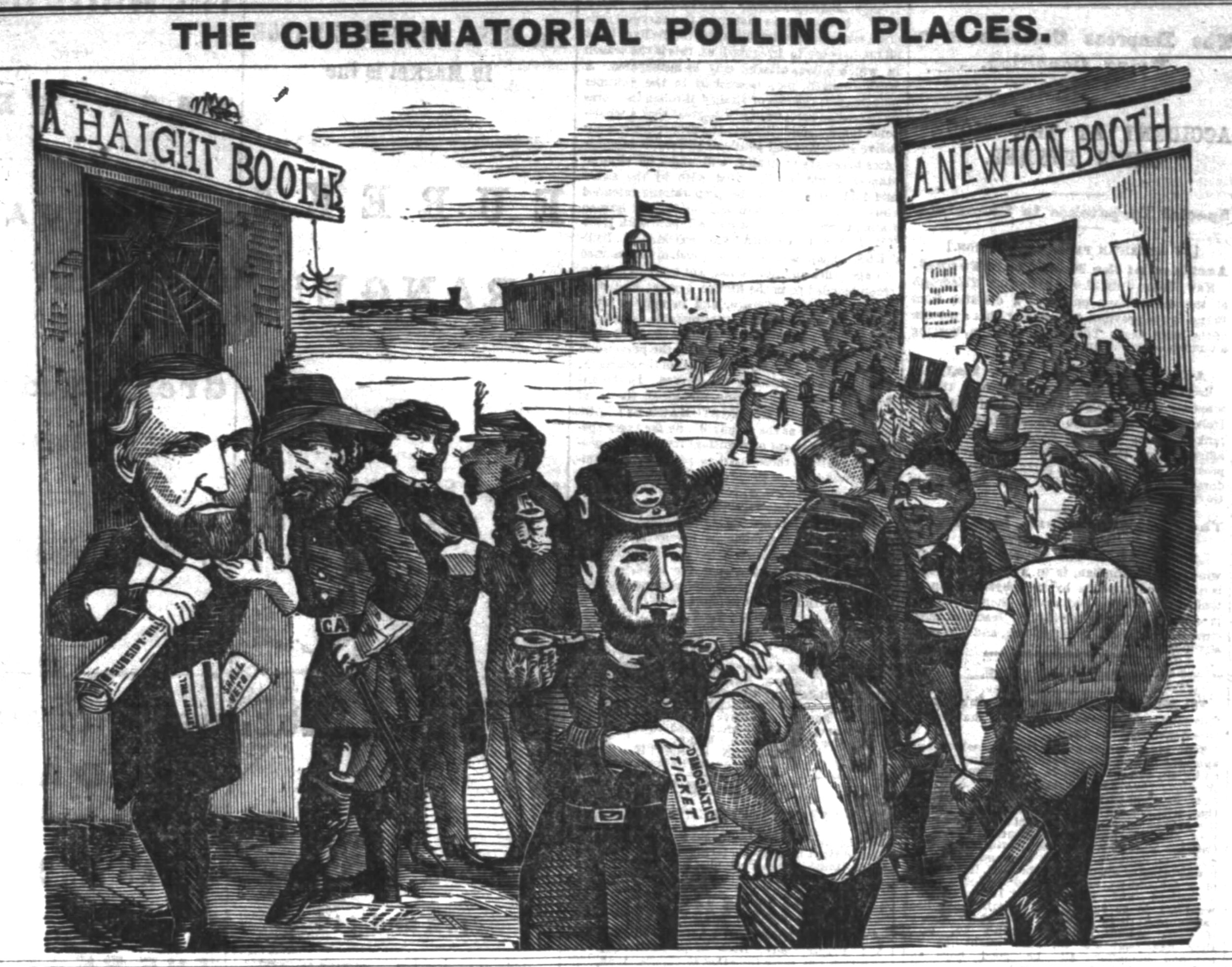   “The Gubernatorial Polling Places,” comic illustrating front-page feature in the  San Francisco Chronicle , 23 July 1871.  For full front page, click  here . Source: Newspapers.com [Added 2.16.2019] 