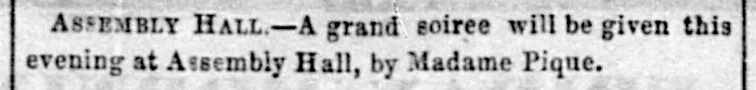 Amusements item re grand soiree at “Assembly Hall,” Daily Alta California , 1 January 1858, p. 2. Source: California Digital Newspaper Collection