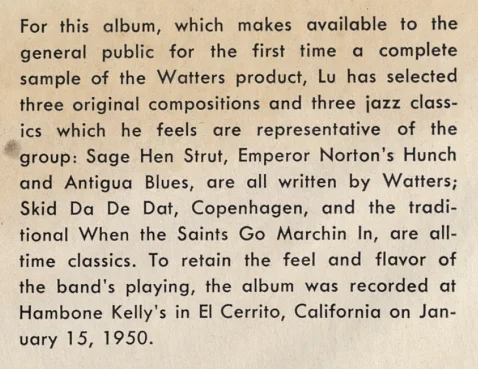 Detail from descriptive feature on the inside cover of the triple-78-single box-set “album” Lu Watters Jazz (Mercury C-103), Mercury Records, 1950. Full inside cover here . Front cover here . Source: Smithsonian / National Museum of American History .