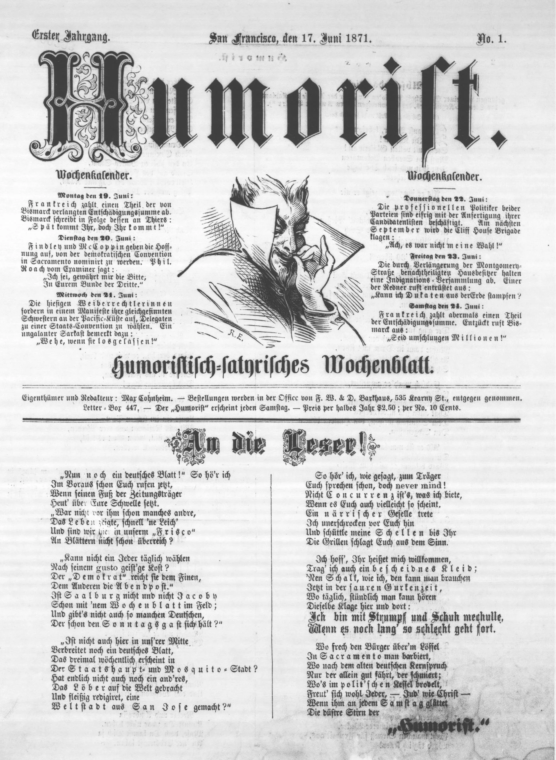 Cover of the debut issue of the San Francisco Humorist , 17 June 1871. From a photostat copy in the collection of the American Antiquarian Society (AAS). Source: AAS. (For a PDF of the full issue, click here .)