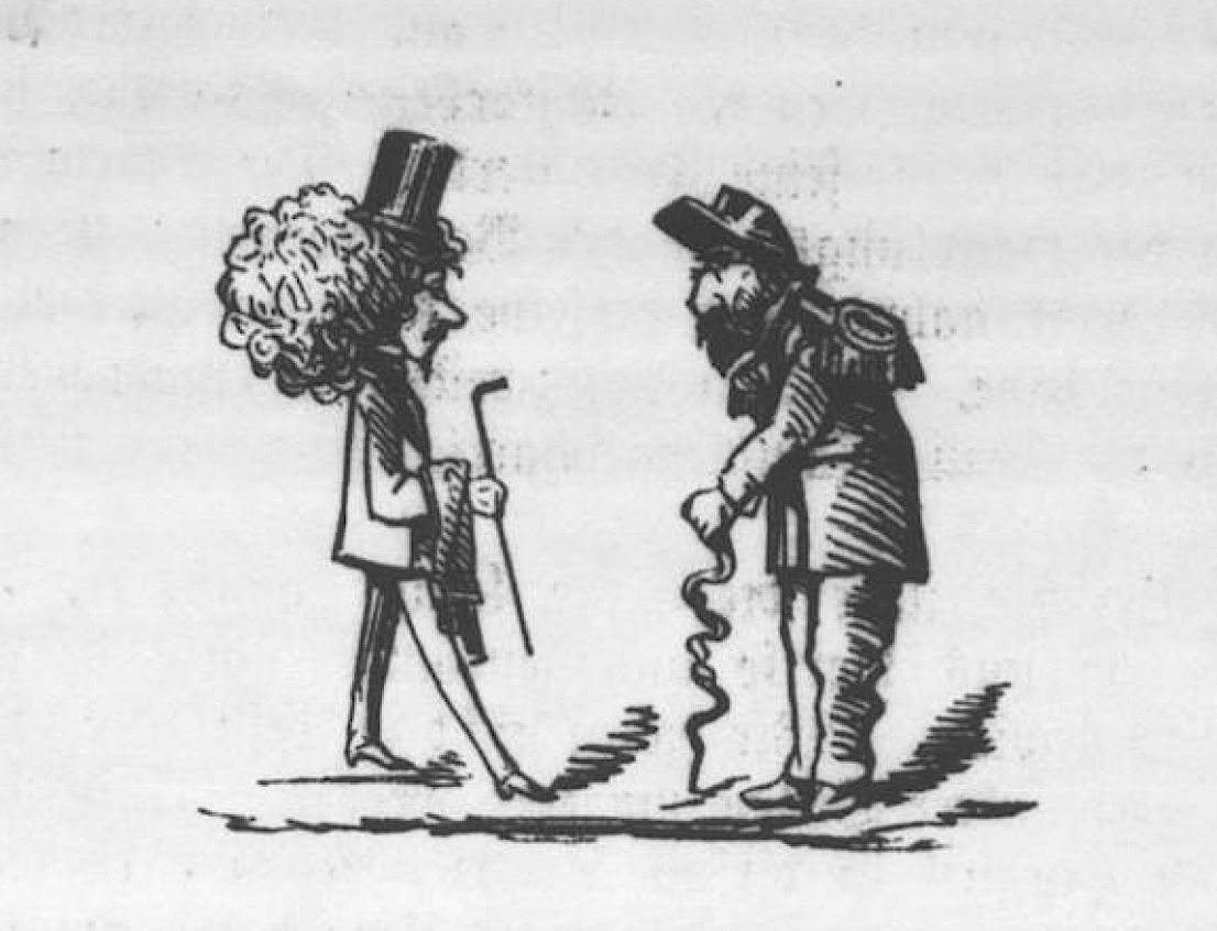   Cartoon illustration of Emperor Norton (right) and the Great Unknown, from the debut issue of the San Francisco  Humorist , 17 June 1871, p. 5.  Possibly by Rudolf Eitner (c.1844–1917). From a photostat copy in the collection of the American Antiqu