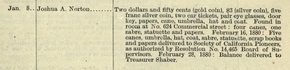 Listing for Joshua A. Norton in Coroner’s Report (Property of Deceased Persons), in San Francisco Municipal Reports for the Fiscal Year 1879–1880 , p. 381. See original here . Collection of the San Francisco Public Library. Source: Internet Archive.