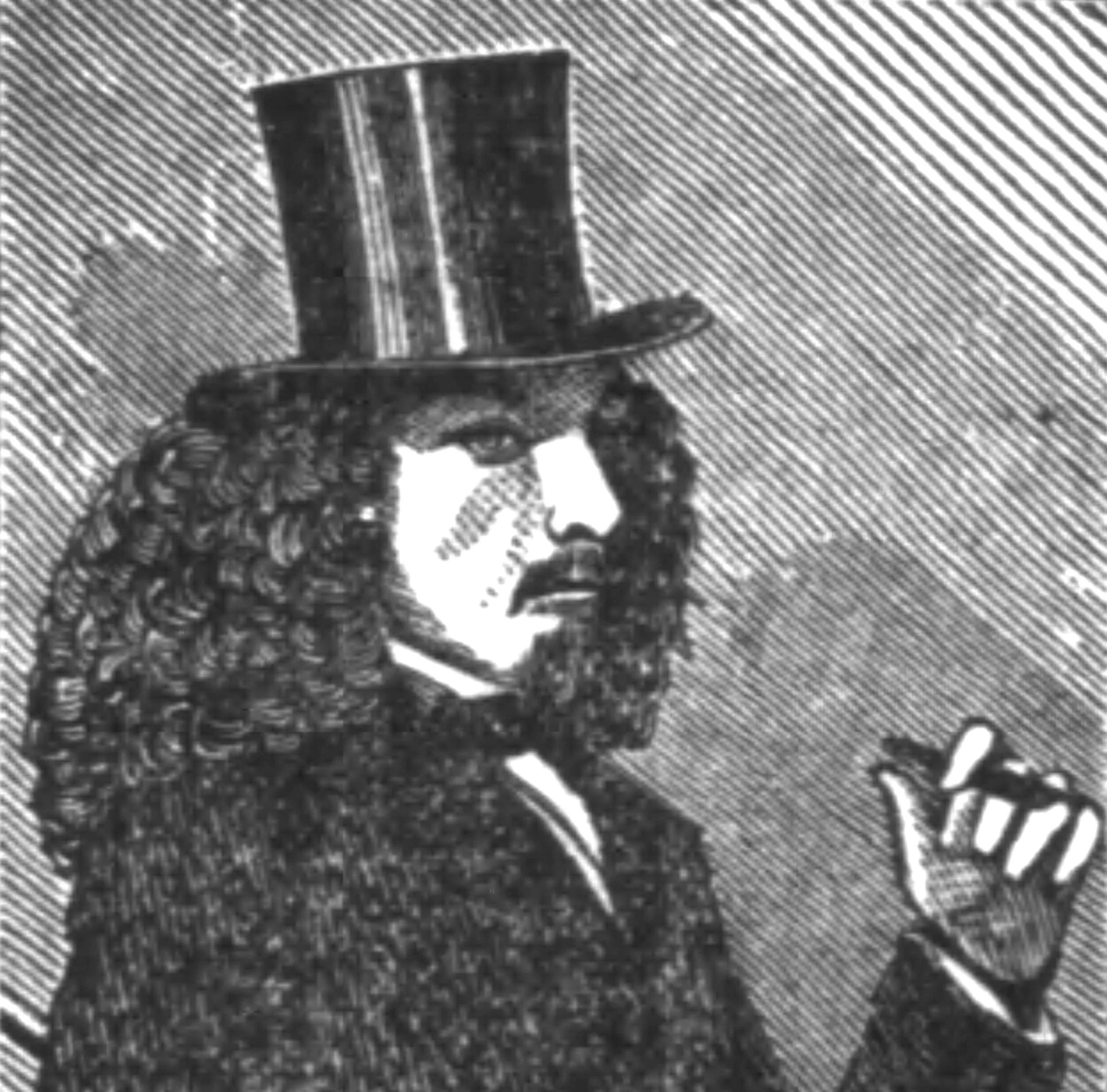 Detail from engraving of Friedrich Wilhelm Frohm a.k.a. The Great Unknown in “The Great Unknown: His Exhibition at Pacific Hall, Etc.,” San Francisco Chronicle , 19 July 1971, p. 3. For a zoomable image of the original full page, click here . Source: San Francisco Public Library.