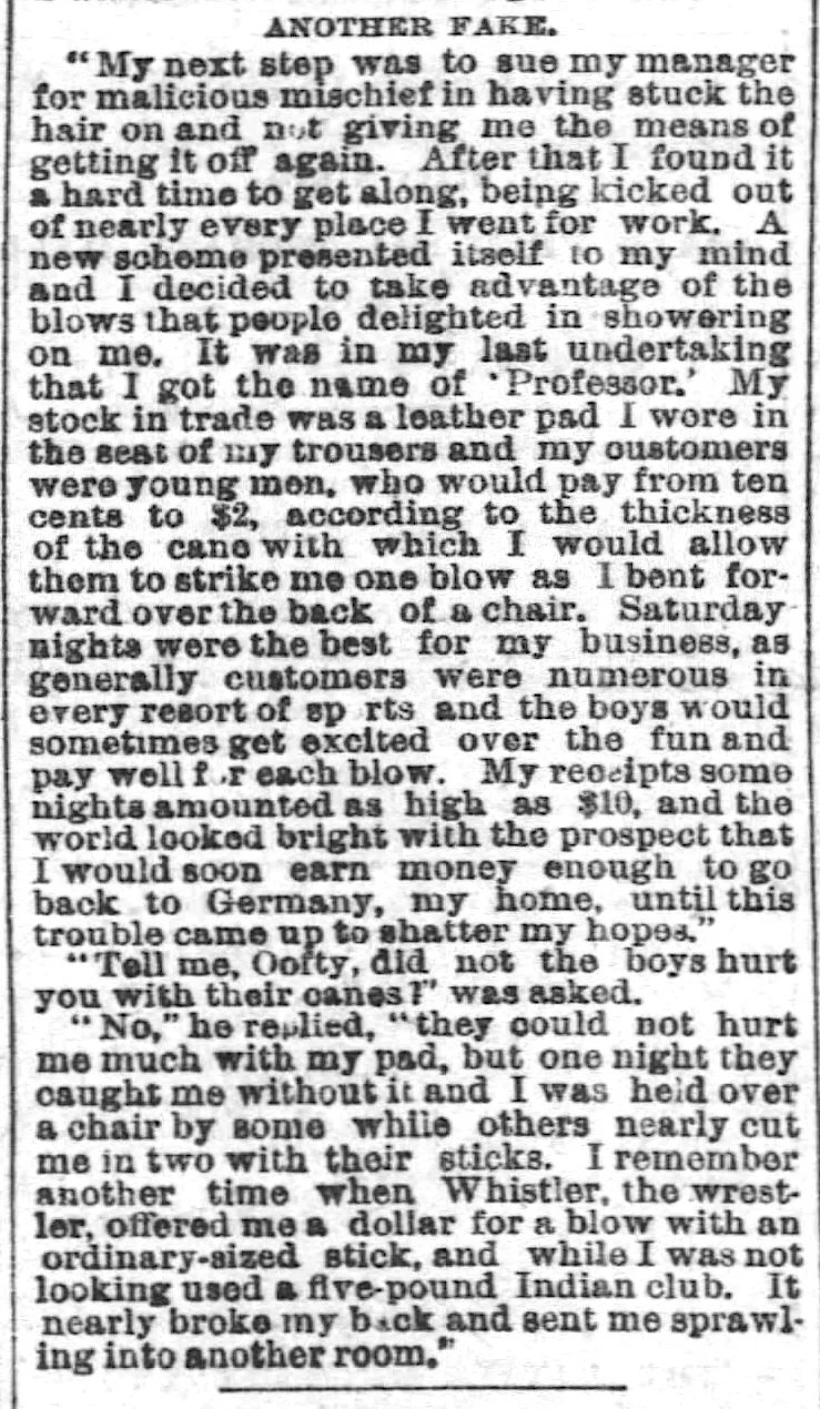 Excerpt from “Oofty Goofty. The Hairy Man Again Appears in Police Court. Etc.,” San Francisco Examiner , 13 June 1885, p. 3. Image of complete article here . Source: Newspapers.com