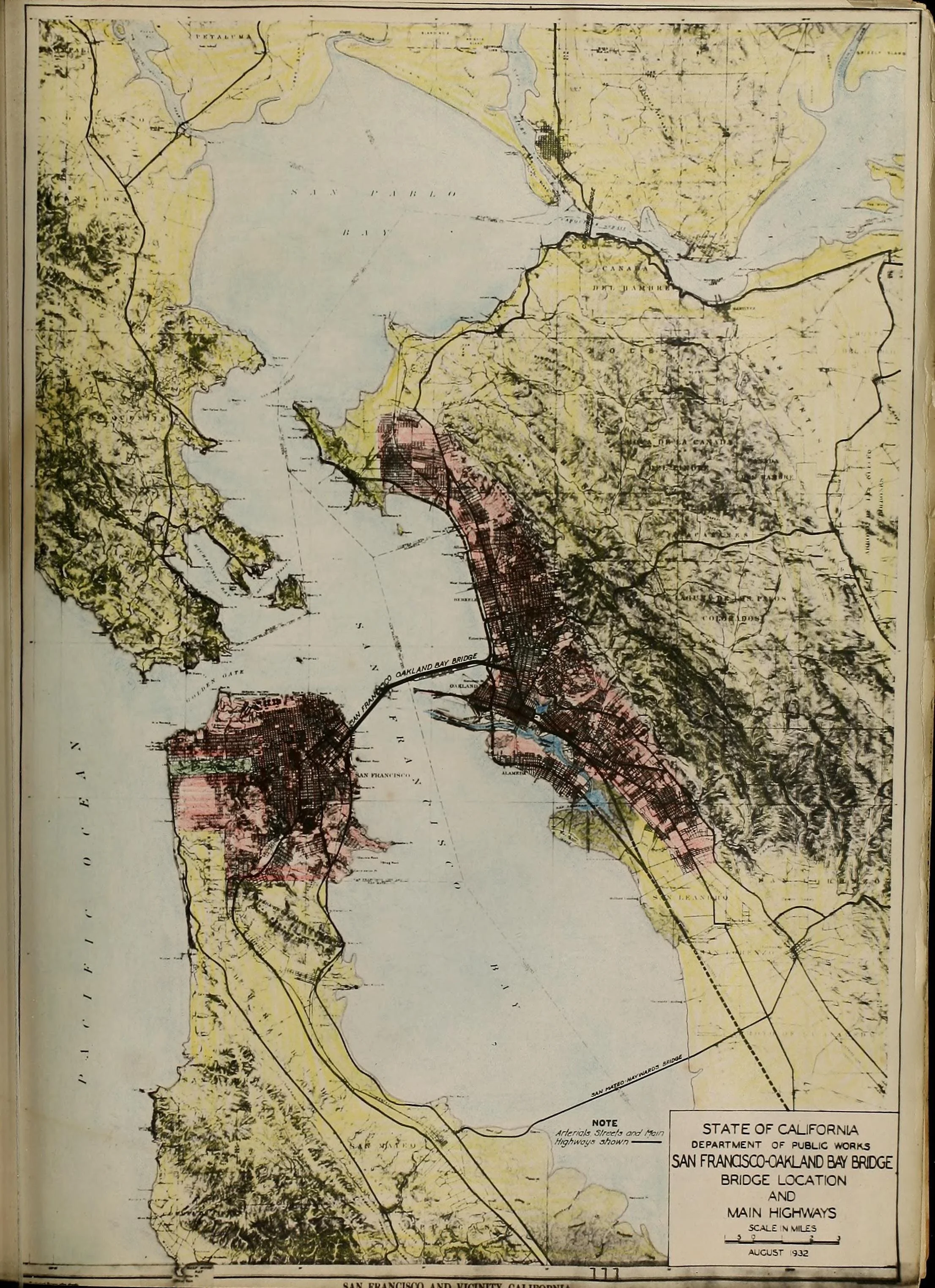 San Francisco-Oakland Bay Bridge, Bridge Location (map). San Francisco-Oakland Bay Bridge: Report to the California Toll Bridge Authority , State of California Department of Public Works, August 1932, p. 111. Source: Internet Archive .