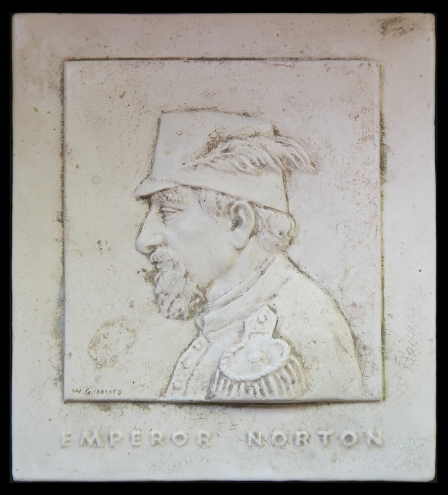   Plaque, ceramic, c.1938, by William Gordon Huff (1903–1993).  Probably a test casting for the Emperor Norton figure in Huff’s 1939 bronze plaque detailed  here  and seen in the following slide. Collection of the Mowers-Goheen Museum at the Peña Ado