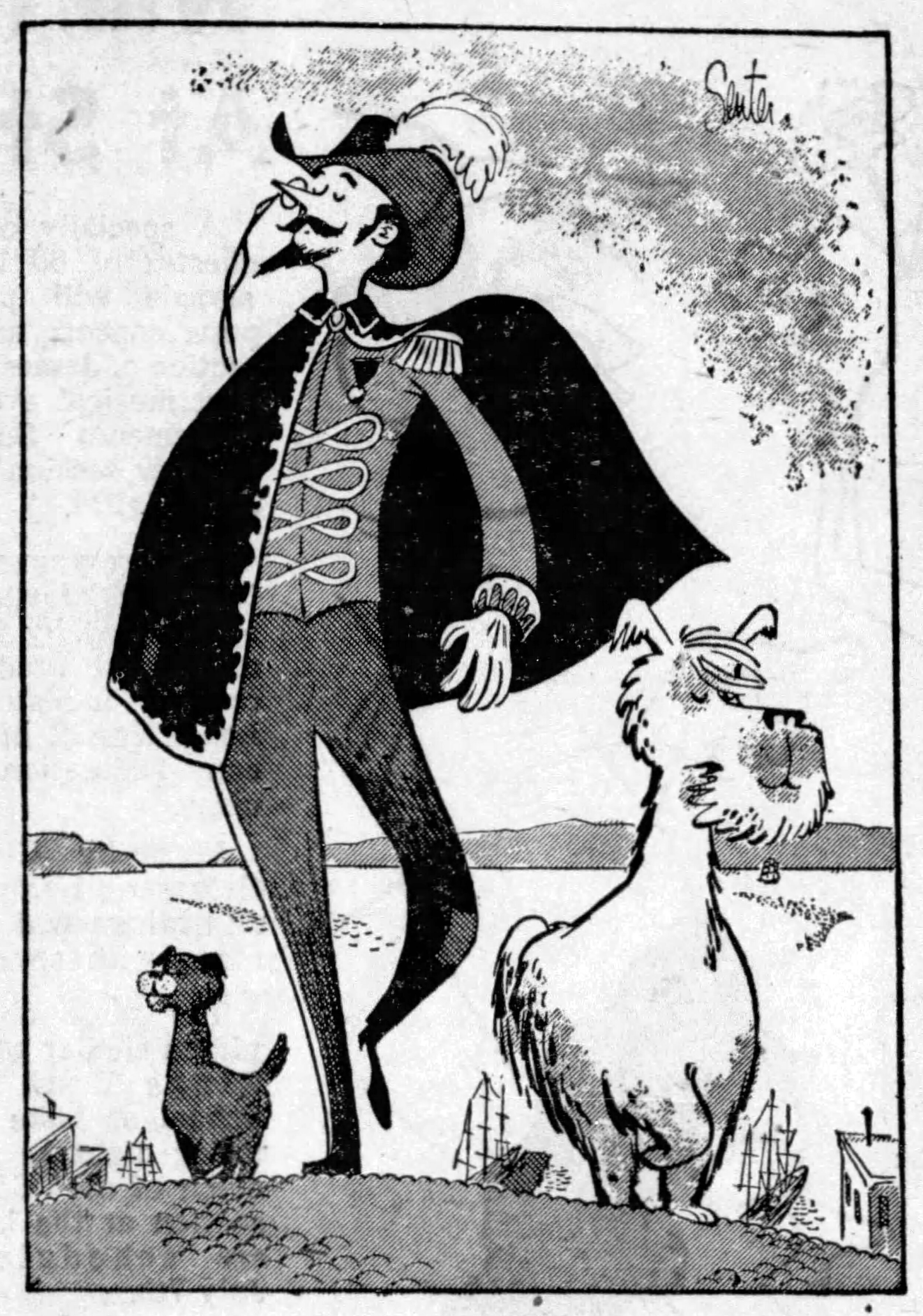   Emperor Norton with Bummer and Lazarus, 1958 , by “Senter.” This illustration accompanied Joe Smith’s Tales of the Sierra column, “Bummer and Lazarus Were Inseparable Pals,”  Sacramento Bee , 21 June 1958, p. 37. Source: Newspapers.com [Added 10.12