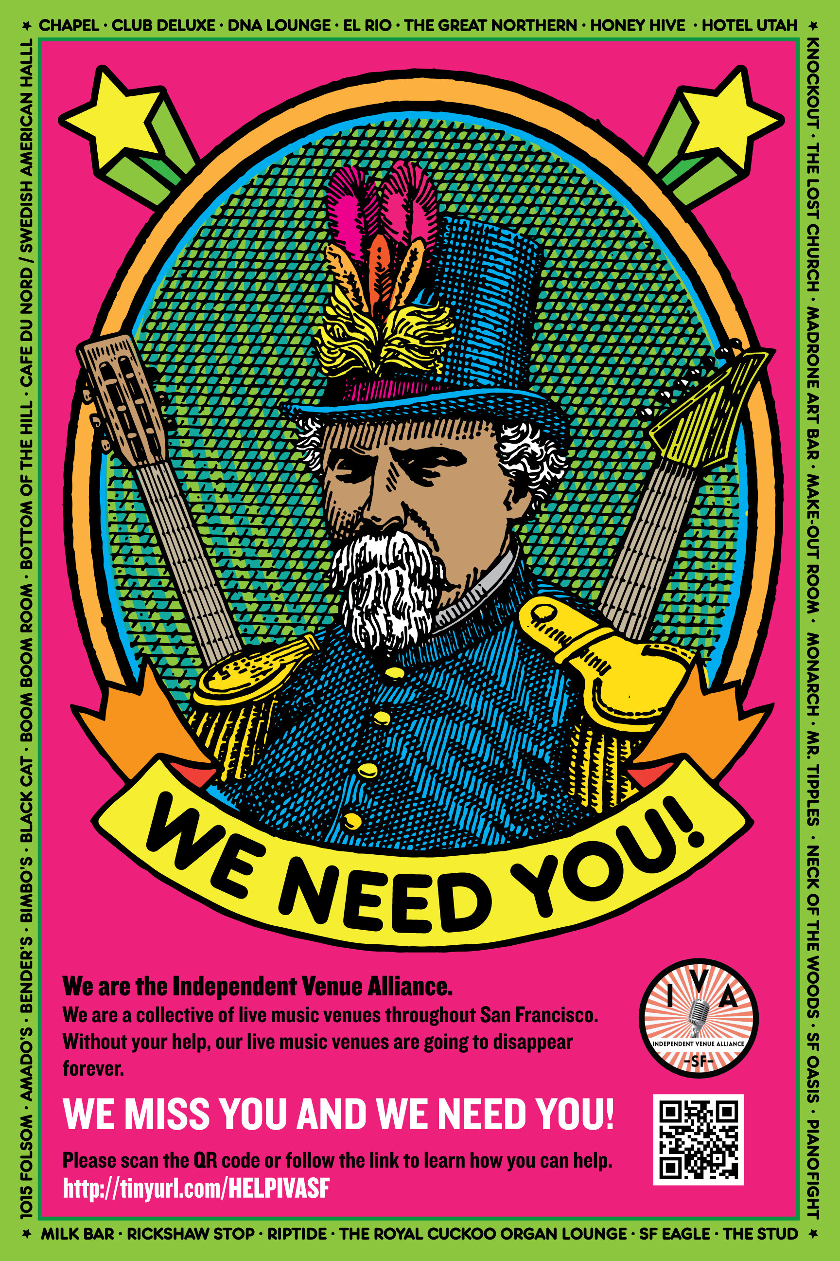   Poster for the Independent Venue Alliance, 2020, by Terrance Ryan a.k.a. Lil Tuffy (b. 1972).  Uses original Emperor Norton artwork from 1970 Wells Fargo ad created by the firm of McCann-Erickson ( here ). Source:  Independent Venue Alliance . [Add