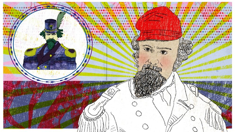   Emperor Norton, 2010, by Angela Smets (b. 1965). Pen and ink with digital color.  Illustration for online version of a  radio story  on Emperor Norton that aired on public radio station Bayern 2 of the Munich-based broadcaster Bayerischer Rundfunk 