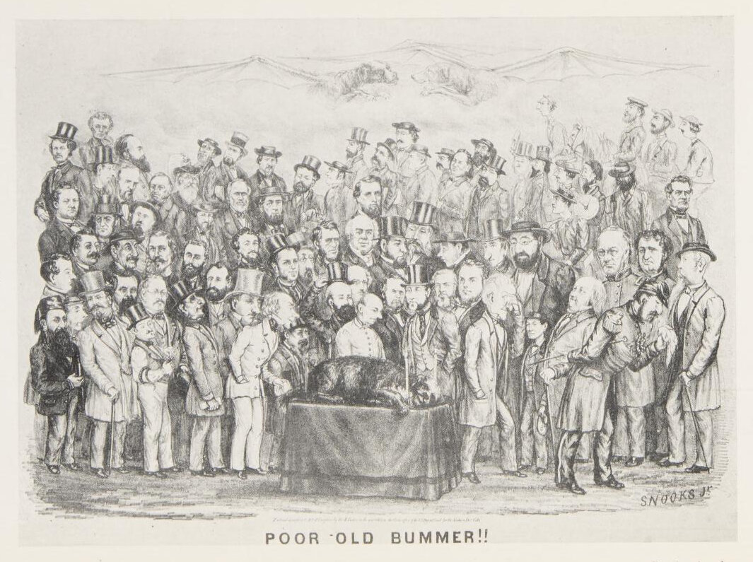   Poor Old Bummer!! (1865), by George Holcomb Baker (1827–1906), nom d’art “Snooks Jr.”  As published in Albert Dressler’s book  Emperor Norton: Life and Experiences of a Notable Character in San Francisco, 1849–1880  (1927). Source:  Internet Archiv