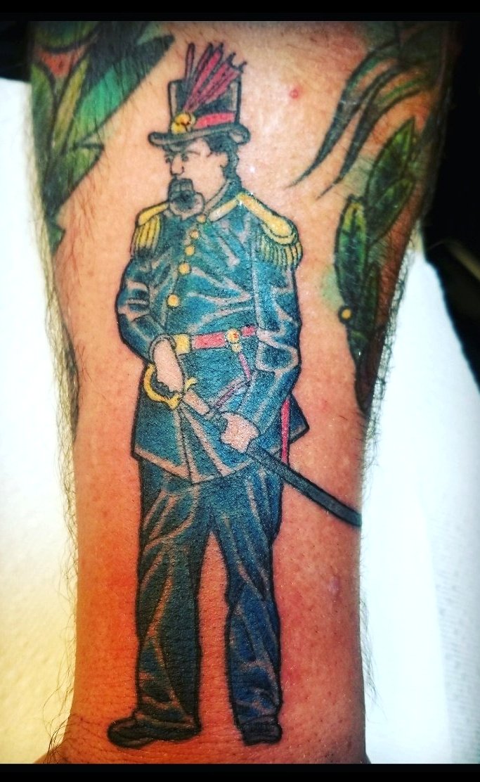   Tattoo of Emperor Norton, 2017, by Bryn Taylor (b.1970).  Done for Pete Bogdis at Sugarfoot Tattoo, San Mateo, Calif.    Artist’s Instagram . Source:  Pete Bodgis  [Added 11.5.2021] 