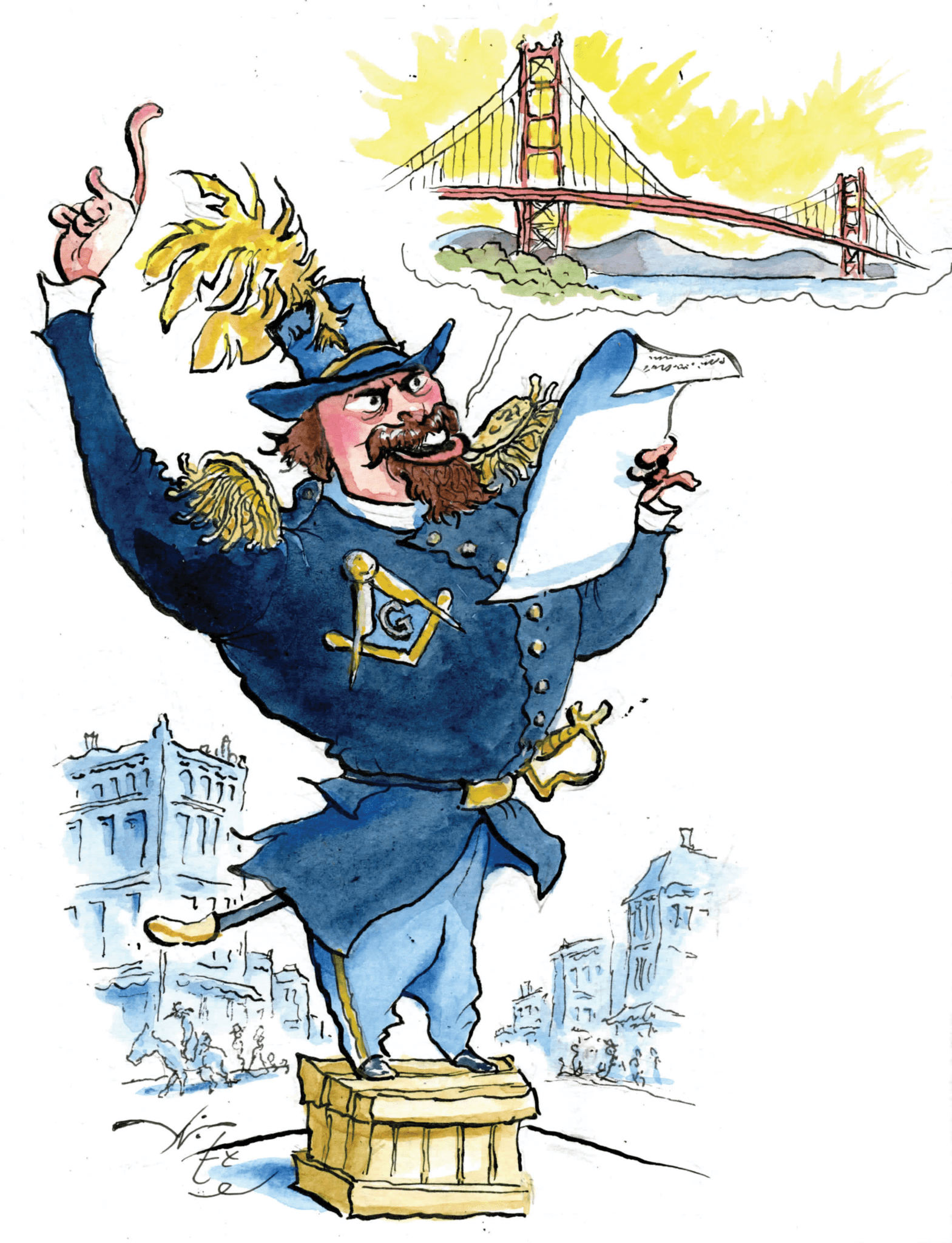   Emperor Norton, 2022, by Michael Witte (b. 1944).  Ink and watercolor. Illustration for article by Ian A. Stewart,  “In Emperor Norton, A Legacy Lives On,”  in  California Freemason  (magazine of the Grand Lodge of California), Summer 2022.  Artist