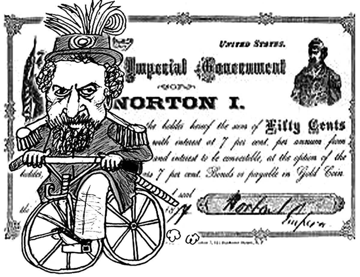   “Joshua Norton, another crazy Hebe,” 2020, by Elliot Feldman (b.1946).  Pen and ink on plain computer paper (Emperor Norton caricature), with photo image of 1870s Norton note. Part of the artist’s  Instagram  series of caricatures of famous people.