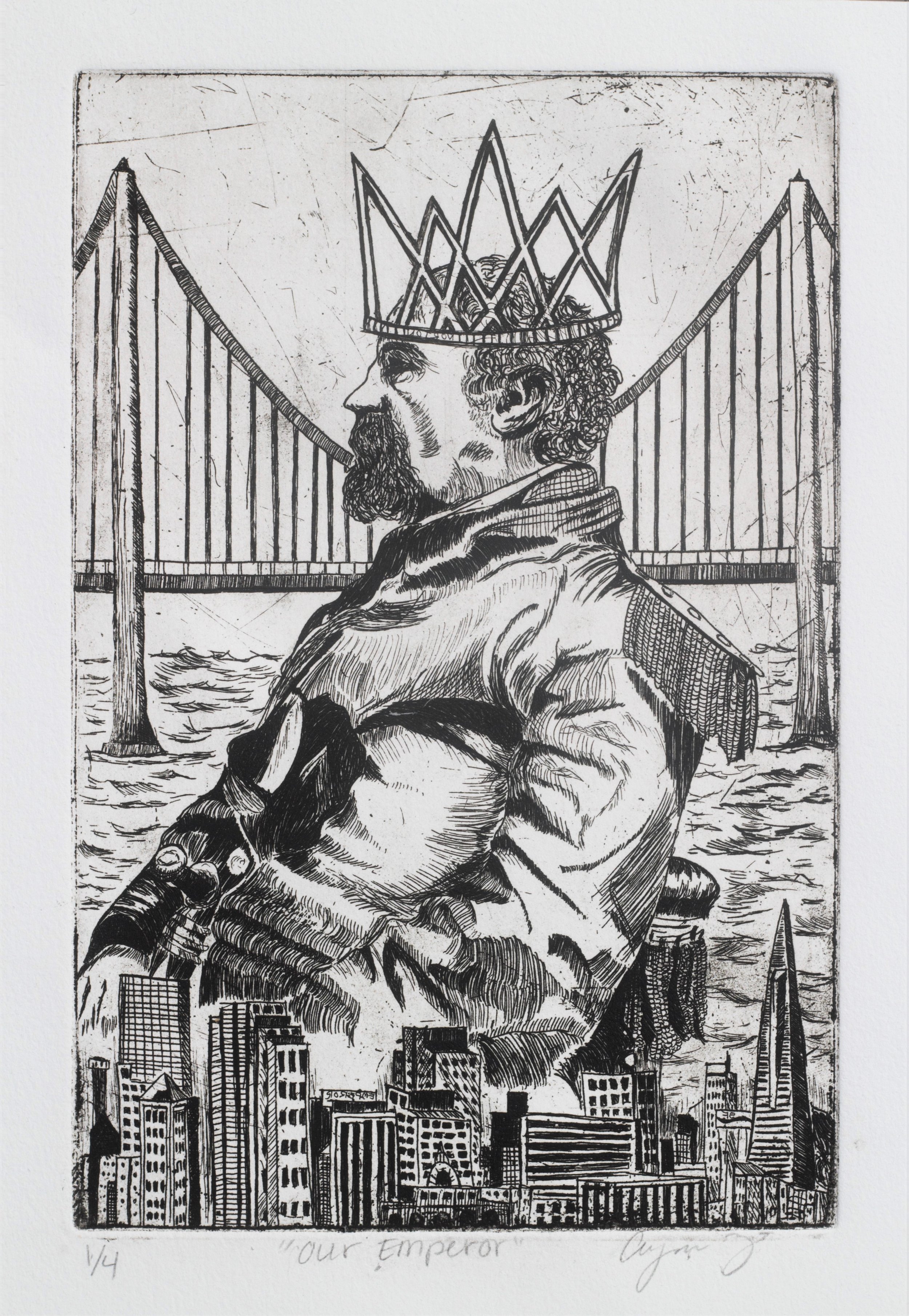   “Our Emperor,” 2017, by Ari Martinez (b.1994).  Intaglio print on BFK paper, 6” x 9”. The Emperor figure is based on the c.1878 Bradley &amp; Rulofson portrait of Emperor Norton shown  here . Artists’s  website  and  Instagram . Source: Ari Martine