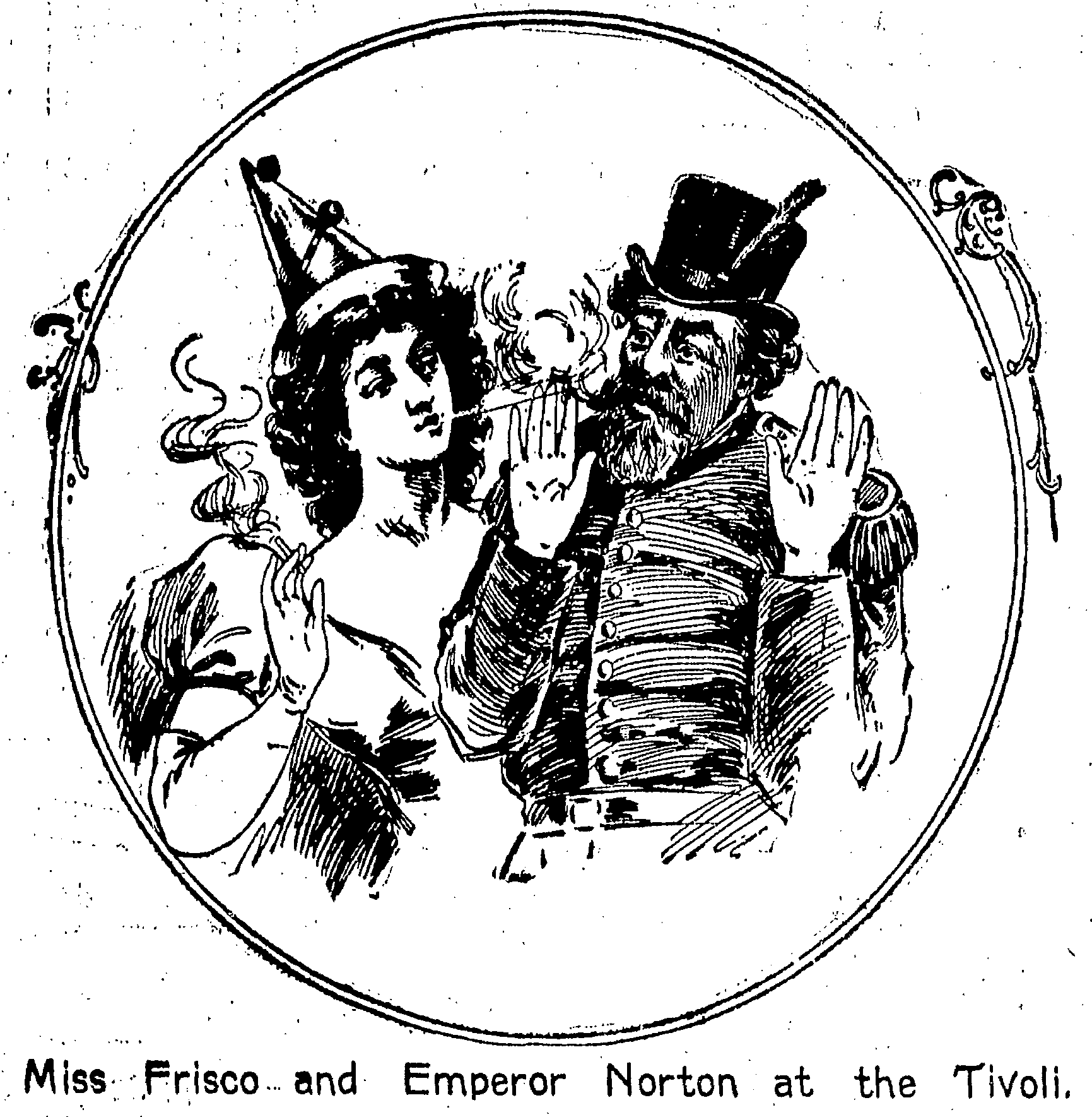   Illustration for item previewing musical revue,  Miss Frisco , opening at the Tivoli Opera House.   San Francisco Chronicle , 6 June 1897, p. 5. Source: Genealogy Bank. [Added 12.18.2022] 