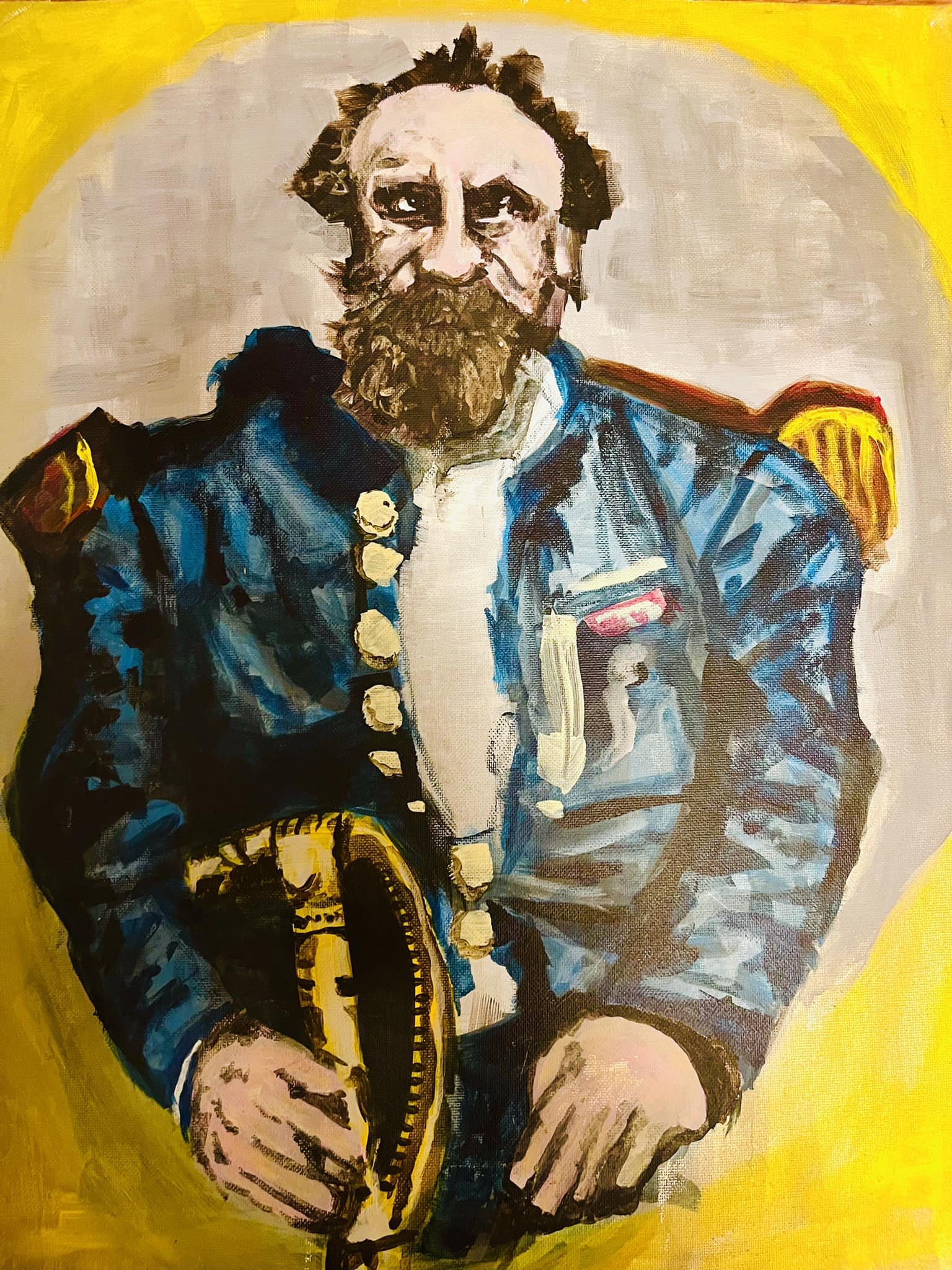   “Emperor Norton,” 1989 or later, by Matthew M. [last name undetermined].  A clue to the date of the painting is that the work is on a Fredrix canvas panel with a back label that features two taglines: “Since 1868” and “Serving Artists for over 120 