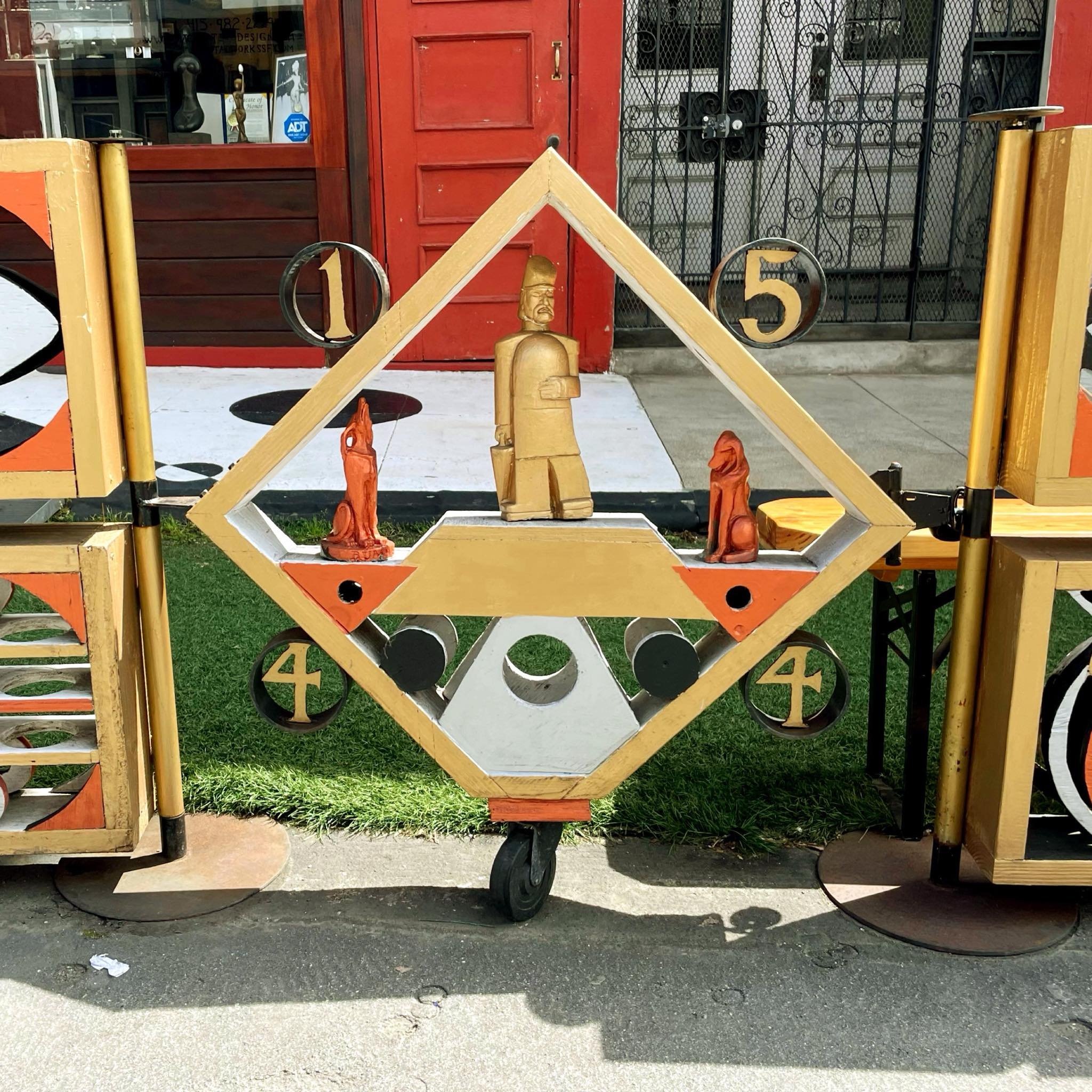 Centerpiece of parklet enclosure, 2024, by Daniel Macchiarini (b. 1953). Emperor Norton and Bummer & Lazarus figures cast in Hydrocal. The parklet is located at Macchiarini Creative Design, 1544 Grant Avenue, San Francisco. The Norton figure i