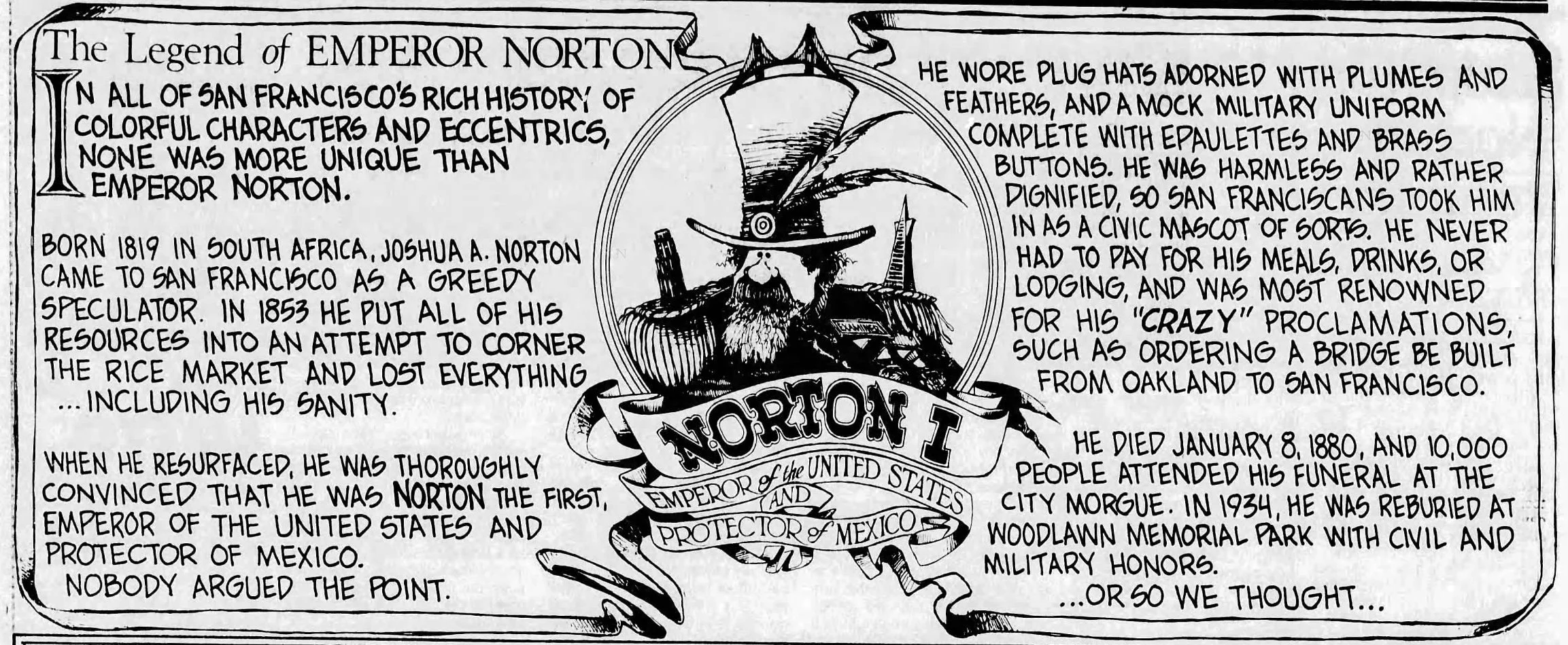   Introductory “banner” for “Norton II: The Emperor Strikes Back,” 1987, by David Wiley Miller (b. 1951),  nom de comic  “Wiley.”  This was for a 2-part comic story that ran in the  San Francisco Examiner  on 22–23 February 1987 (pdfs of  part 1  and