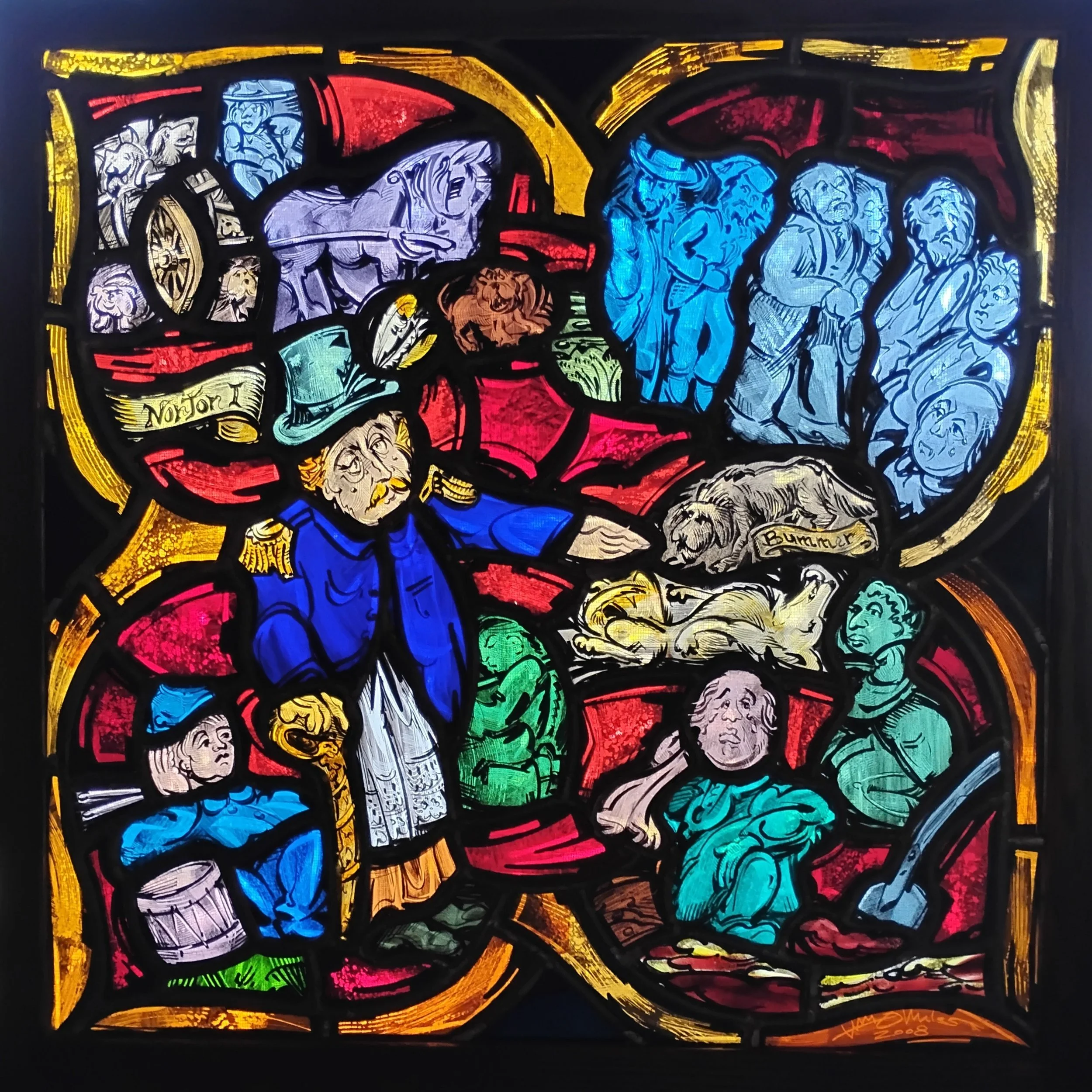   “The Burial of Lazarus,” 2008, by William O. Miles (b. 1948).  Stained glass, 24” x 24”. Created for and shown at the 2008 convention of the Stained Glass Association of America,  held in Oakland, Calif., this work obviously refers back to the 1863