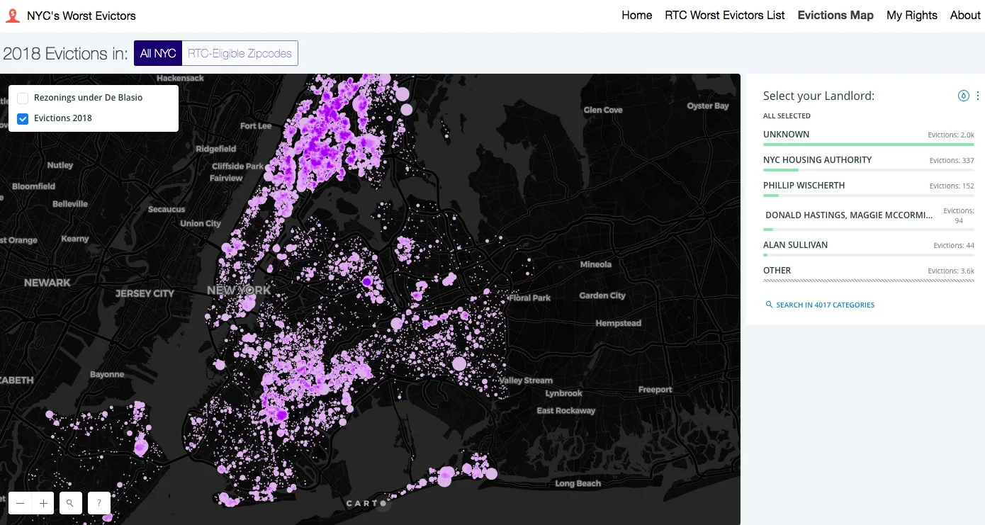 A screenshot of the NYC’s Worst Evictors website, showing the map of 2018 evictions across New York City.