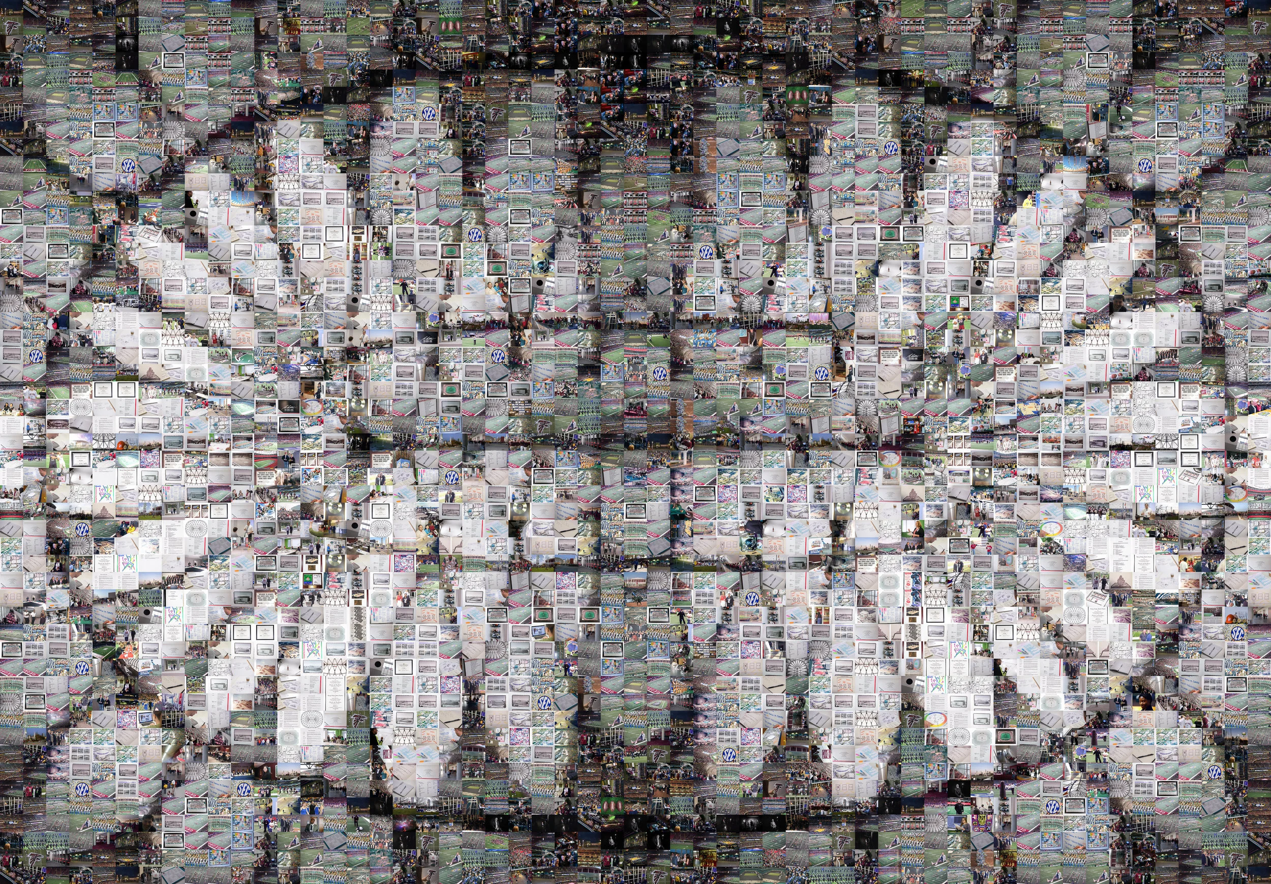 Using a high resolution capture, we created a large scale mosaic of the Georgia Dome's paneled ceiling. Each tile was a tag, ticket, pin, or other piece of memorabilia collected over the course of 25 years. 