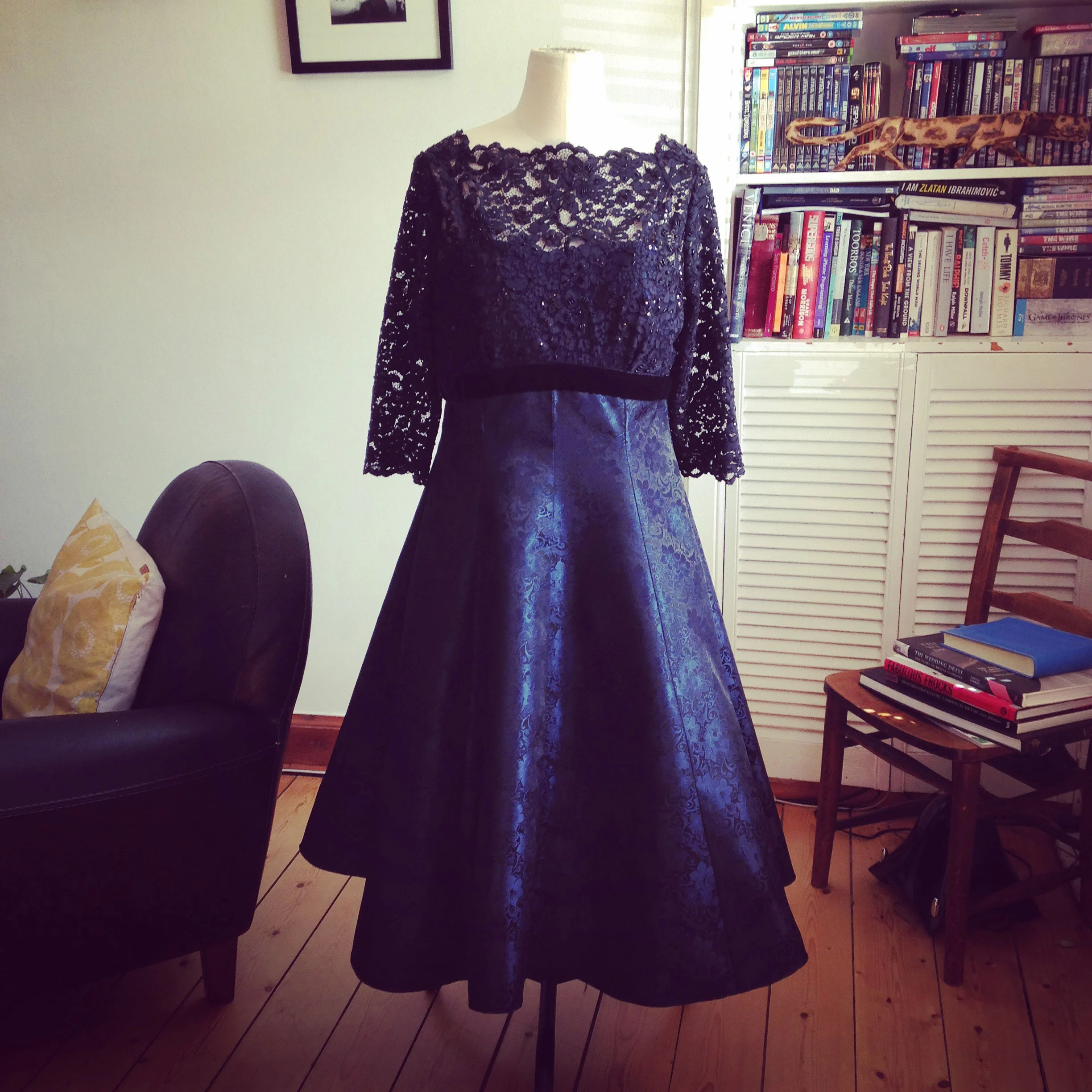 Chris had a beautiful piece of brocade in her cuboard for years, so when her lovely friend Maggie had her wedding dress made by me, Chris joined us too on this fun journey. We complimented the brocade with a black, beaded lace. Chris also sings in a jazz band so have worn this dress lots since.