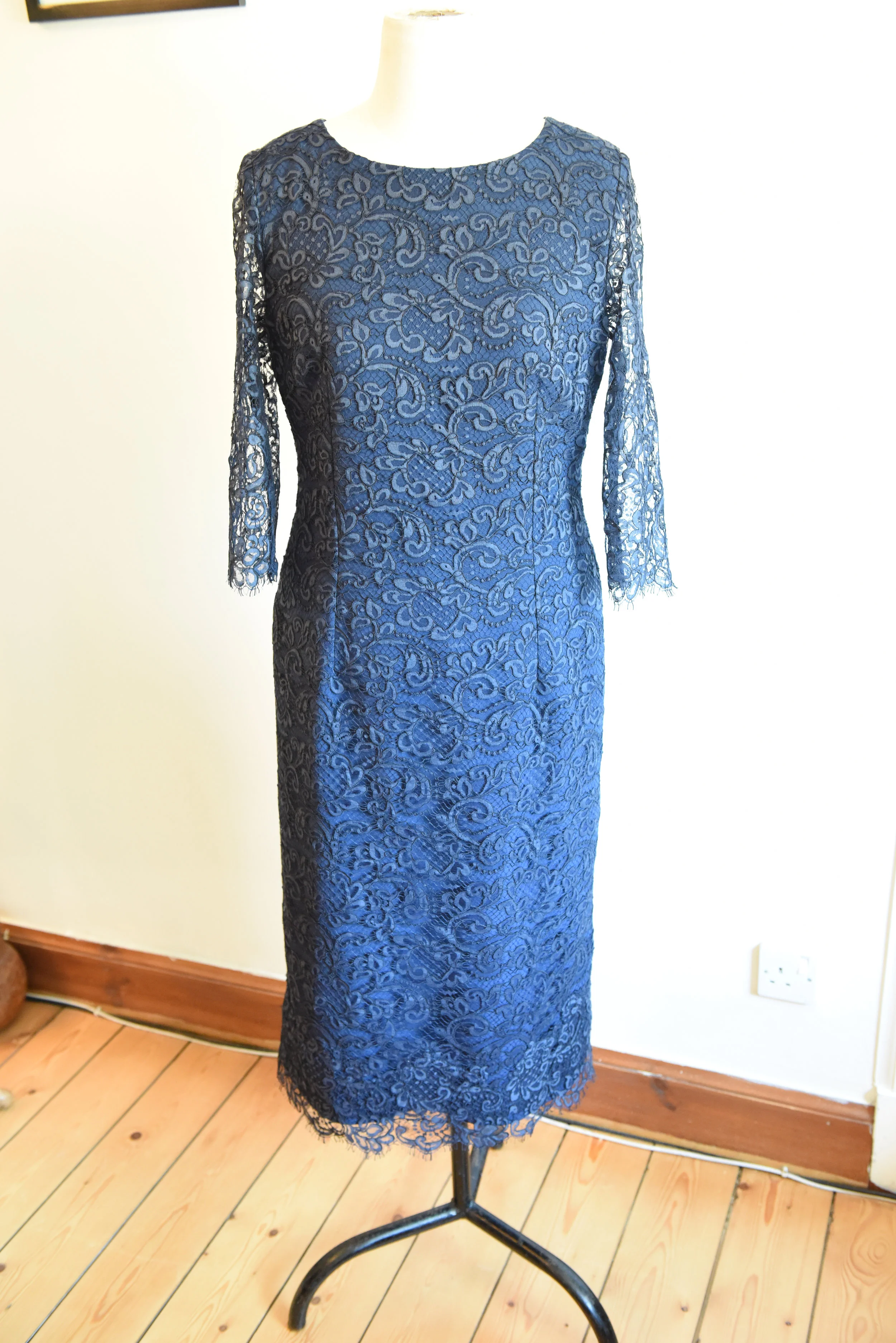 Gorgeous navy French corded lace shift dress over silk crepe. 
