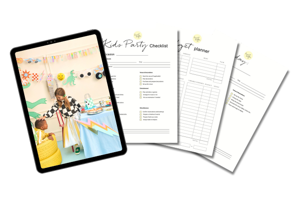 A picture of a kids party checklist fanned out of an ipad screen.
