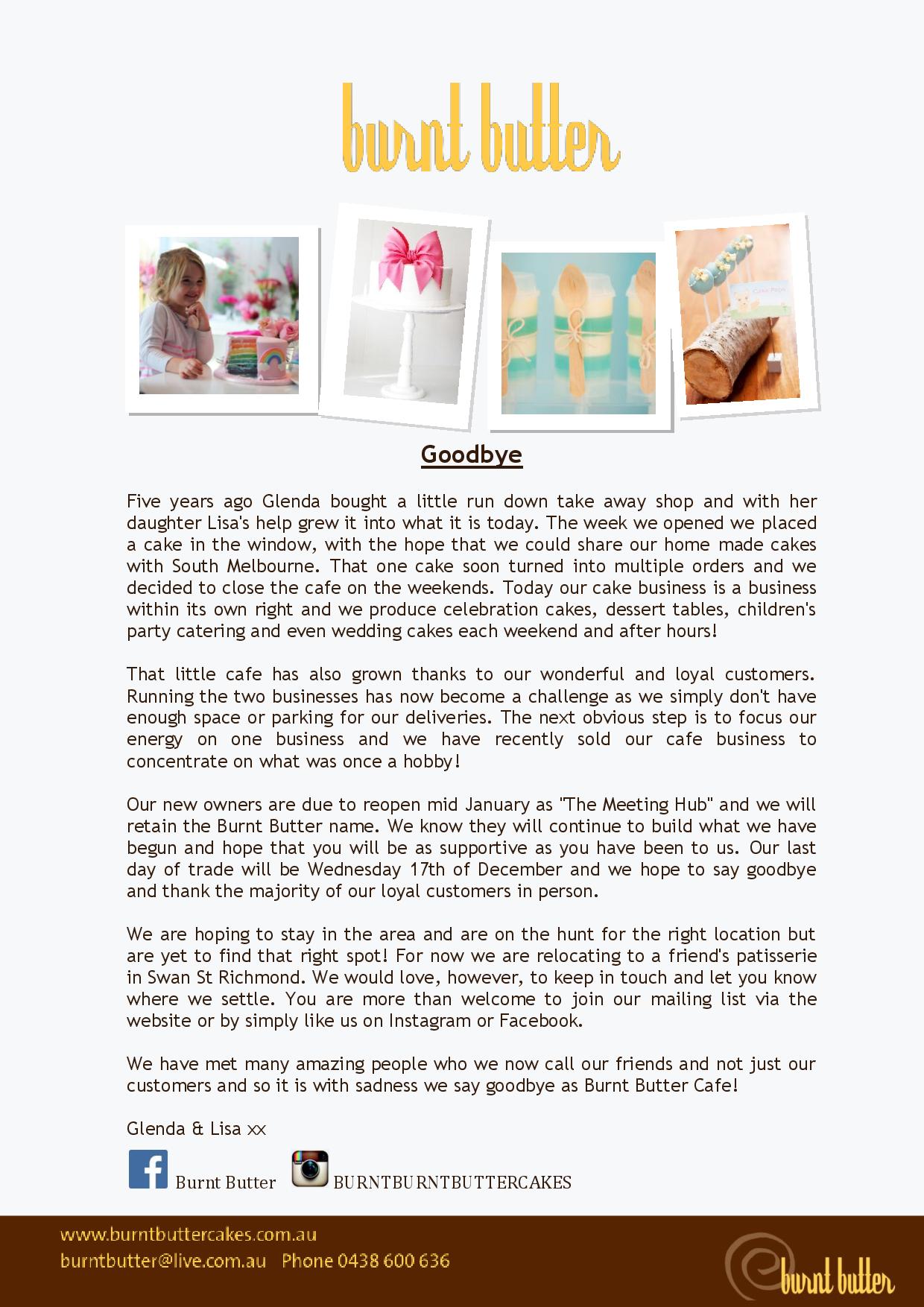 Goodbye & Thank you from Burnt Butter Cafe