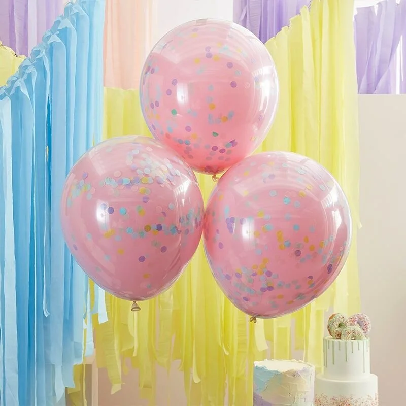 Double Layered Pink And Pastel Rainbow Confetti Balloons