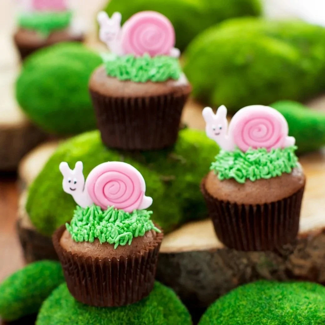 A picture of chocolate cupcakes with buttercream grass and pink icing snails sitting on top