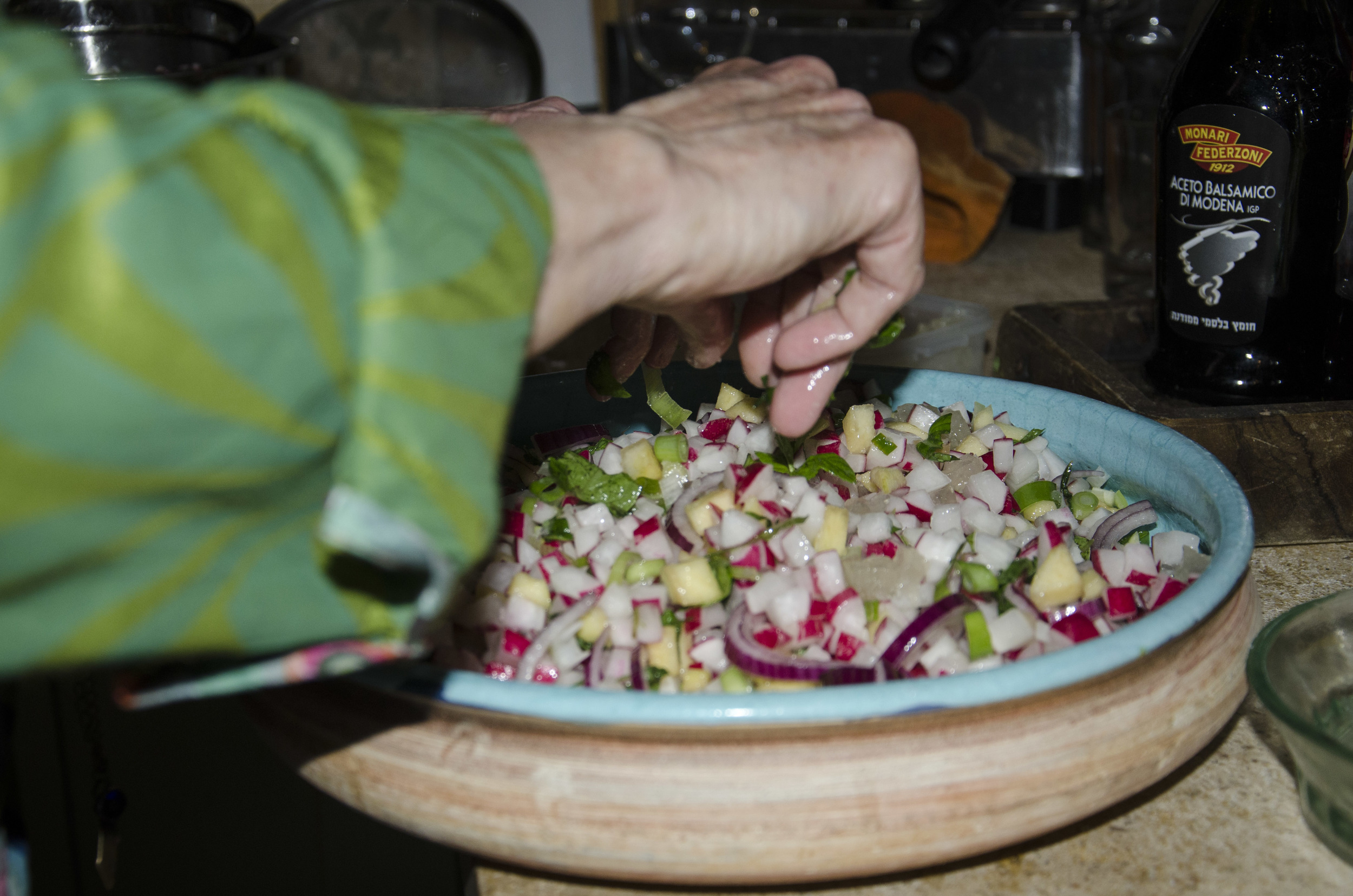 Radish, red onion, mint, apples & lemon jelly.