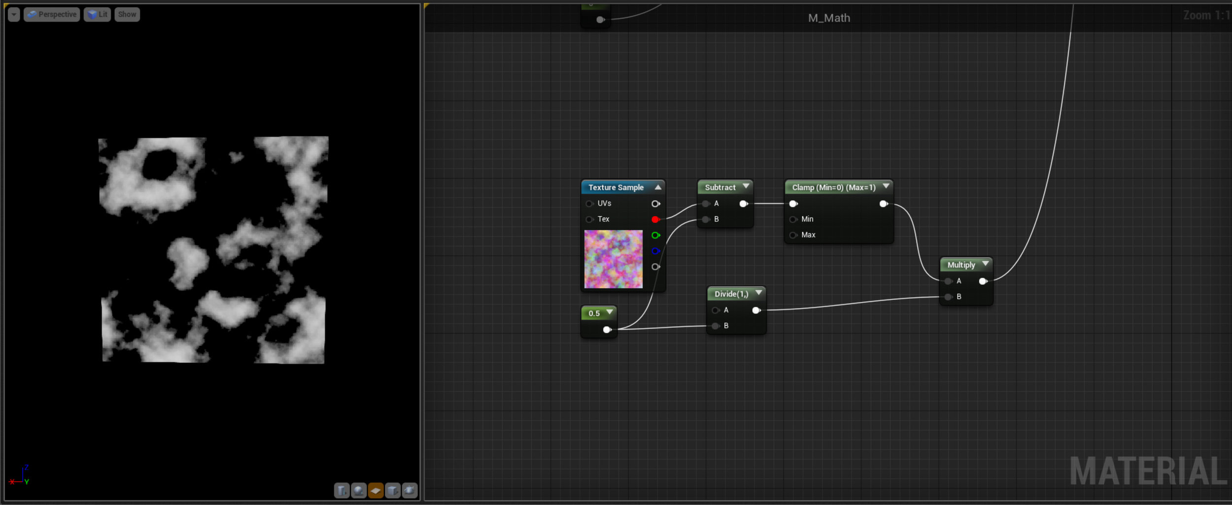 Masking Finally no new nodes but an example of how we can combine a few math nodes to create a nice soft masking effect - here we're subtracting some input value from our noise texture and then clamping back to remove any negative numbers we've created. Finally we multiply by the reciprocal or our input value to remap the range back to 0-1. This is a super useful technique for creating easily controllable soft edge masks from a texture. Similarly if we wanted to harden up the mask we could multiply by a value and then clamp 0-1 again and remove anything over 1, resulting in a harder mask, but keeping the soft edges, compared to using an If node - try it out for yourself. 