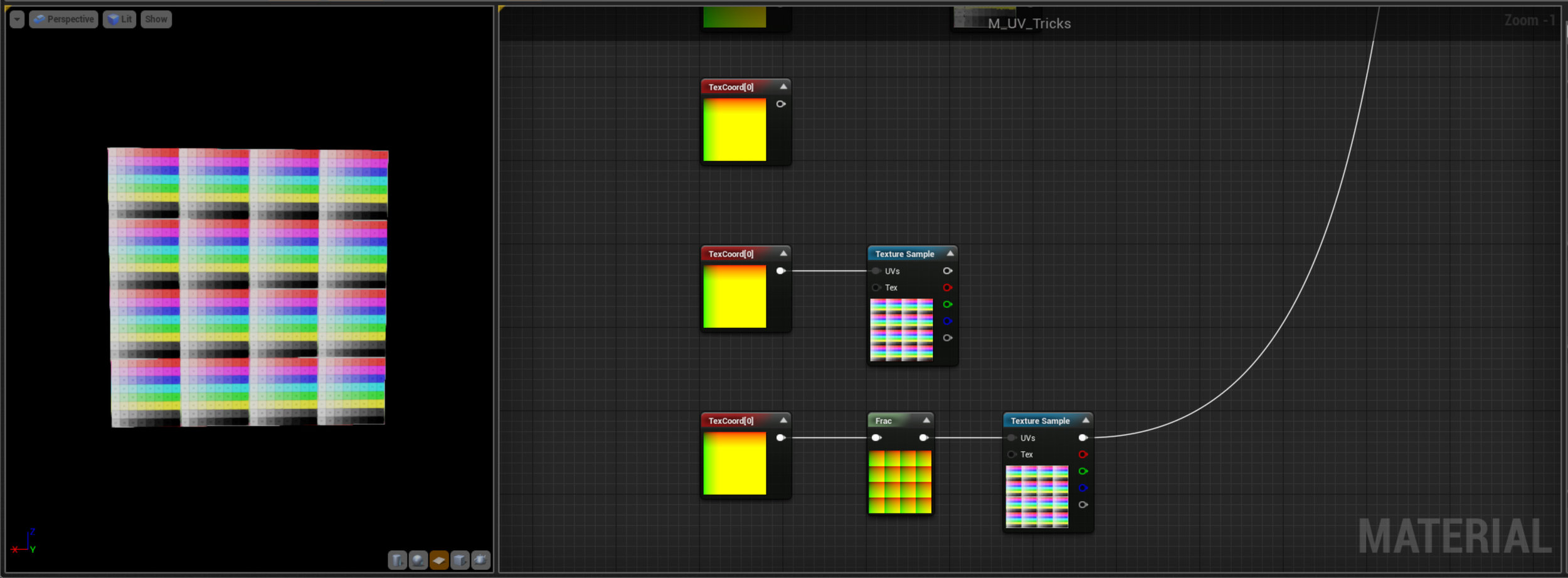 These next three nodes are just showing how Tiling works - All the UV nodes are setup with a Tiling of 4,4. Notice when the first Node is connected you're seeing a lot of blooming Yellow, this might remind you of something from the Math example - Unreal is trying to display numbers over 1, so if we Frac it down we can see the gradient is repeating over the layout. Note the whole number part of a UV layout is totally ignored, only the fractional part is relevant. This is the reason that textures tile. 