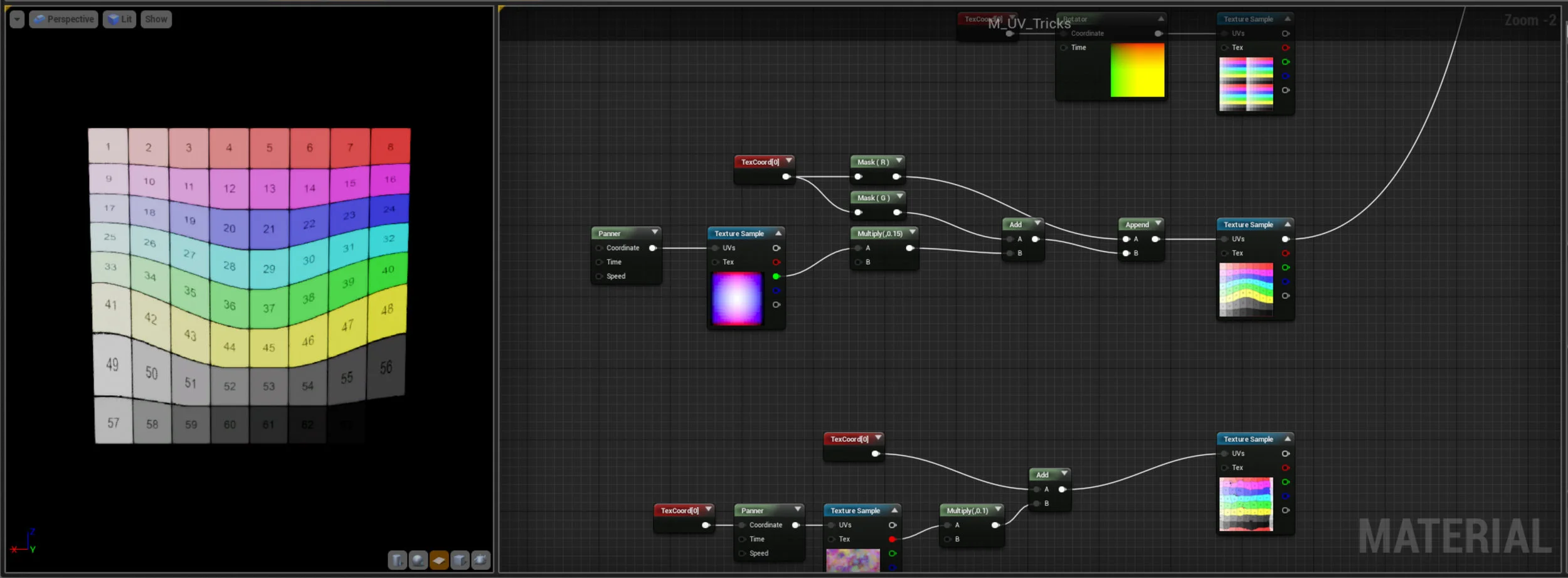 So now we're getting to some interesting things - what happens if we scroll a texture and add it to our UV layout. Well with this kind of mask we get a strange bulging effect, very cool. Note we've had to scale the texture right down, UV's are very sensitive remember. This is super useful and the basis for all sorts of VFX work - water, fire, cloth etc. 