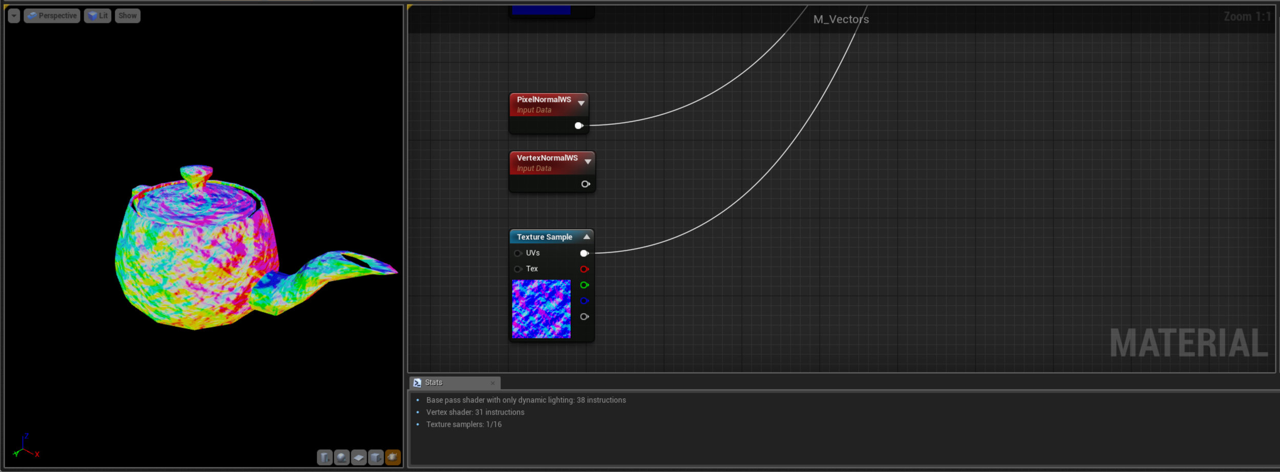 Pixel and Vertex Normals Firstly here we need to make sure that the material is using the Default Lit shading model and then connect the Normal Map to the Normal pin. Now when we connect the PixelNormalWS the Normal map is taken into account and each pixels normal direction is displayed. Compared that to the VertexNormalWS node - we're still seeing some shading from the Normal map but the Vertex normal isn't being affected. Note the WS just stands for World Space and is a helpful reminder what space the data is in. Another quick aside on rendering - the way the engine draws meshes is a two step process: the Vertex Shader and the Pixel Shader (also sometimes referred to as the Fragment Shader). Firstly the engine takes all the Vertex positions and creates a triangulated mesh using those positions, then it fills those triangles in with Pixels. This example, hopefully, illustrates that in action - the Normal map is affecting the Pixel shader but the Vertex normals remain unaffected. 