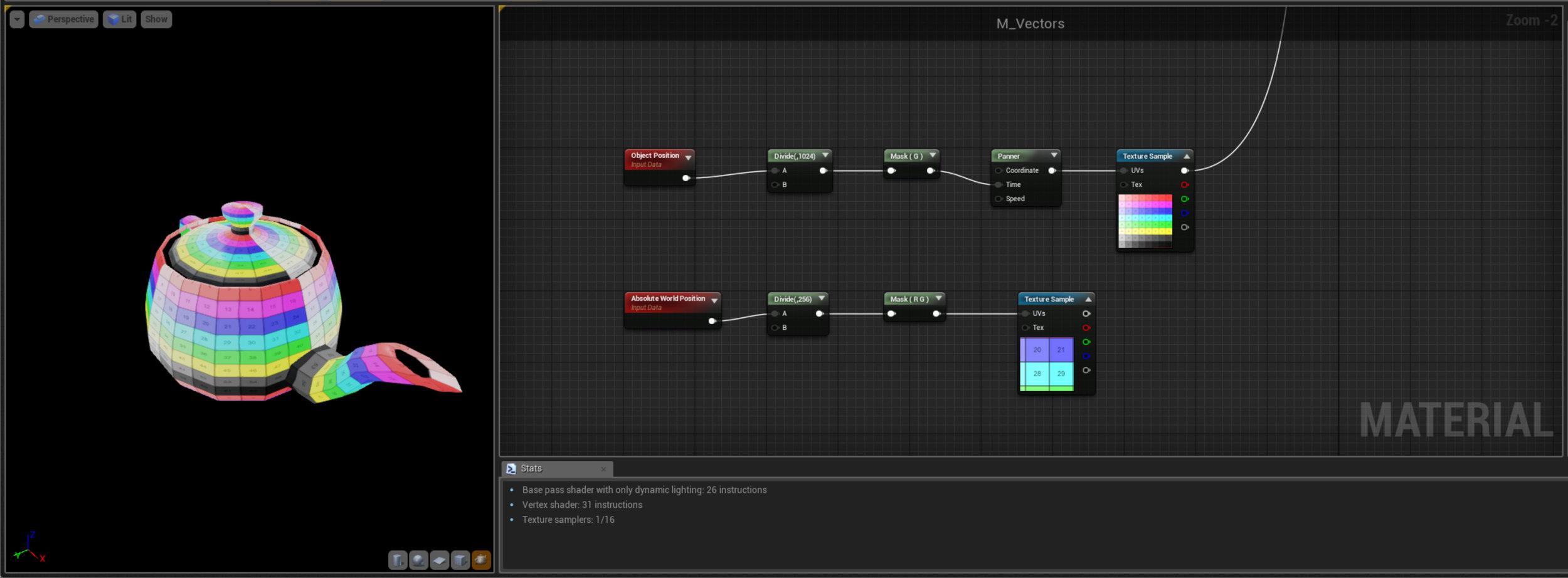 Procedural Texturing So now we understand our Position Nodes lets use them in a couple of practical examples - Firstly we're taking the Object position and plugging it into the Time input of a Panner Node - Now when we move the object around in the Y axis (because we've just masked off the G channel) the texture scrolls around the object. This is a great technique for adding positional variation to materials - you could for example take a dirt overlay map and use this technique so that if you had multiple copies of the same mesh next to each other, each would appear to be be slightly different due to having different offsets on the Dirt map. Note this can only be used on static objects - if things are moving then this effect would break, unless that's the effect you're after (rotating wheels on a background object car for example could be done cheaply with a shader like this etc.) Secondly we have something similar but sort of opposite - here we're taking the RG channels of the World Position and plugging them into the UV's of a Texture - basically what we're doing is a projection mapping from the top down direction. This kind of technique is really useful for things like Terrain or Water where we know the surface will always be facing up and allows us to use different size and shape meshes and ensure that they always Tile correctly and don't create seams etc. Similarly if we wanted to create scrolling raindrops on a variety of surfaces this would be better done mapped to World Space so the UV's and scale of the meshes didn't matter. Again this only really works if the Mesh is static, although you could do something like mapping a smoke Texture to World Space and then apply that to a flashlight light shaft - then when the player moves the light it will look like the smoke is in the world. 