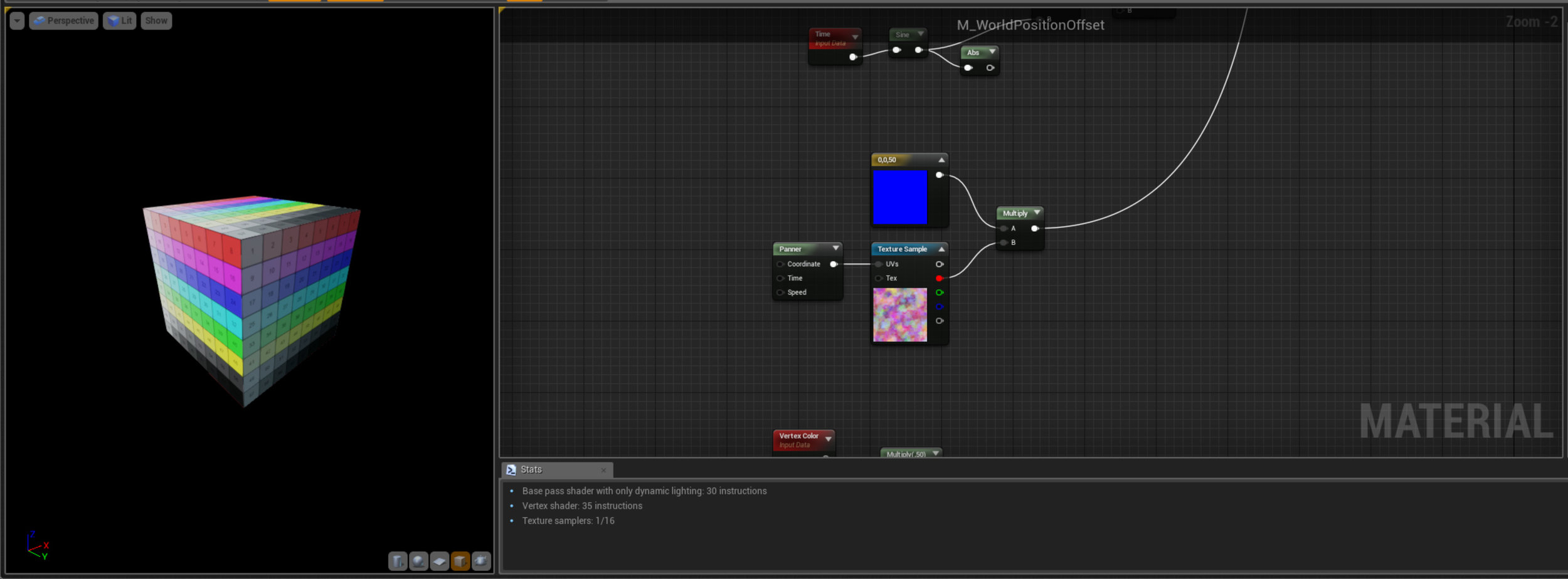 Texture Well actually we don't always have to do that Math - we can use a texture! Since DX11 we've been able to use Textures in the Vertex shader and here we're scrolling a simple Clouds Noise through our object - not that impressive but hopefully you can see the potential in authoring Heightmaps for your models - combining this with masks you can create all sorts of effects. 