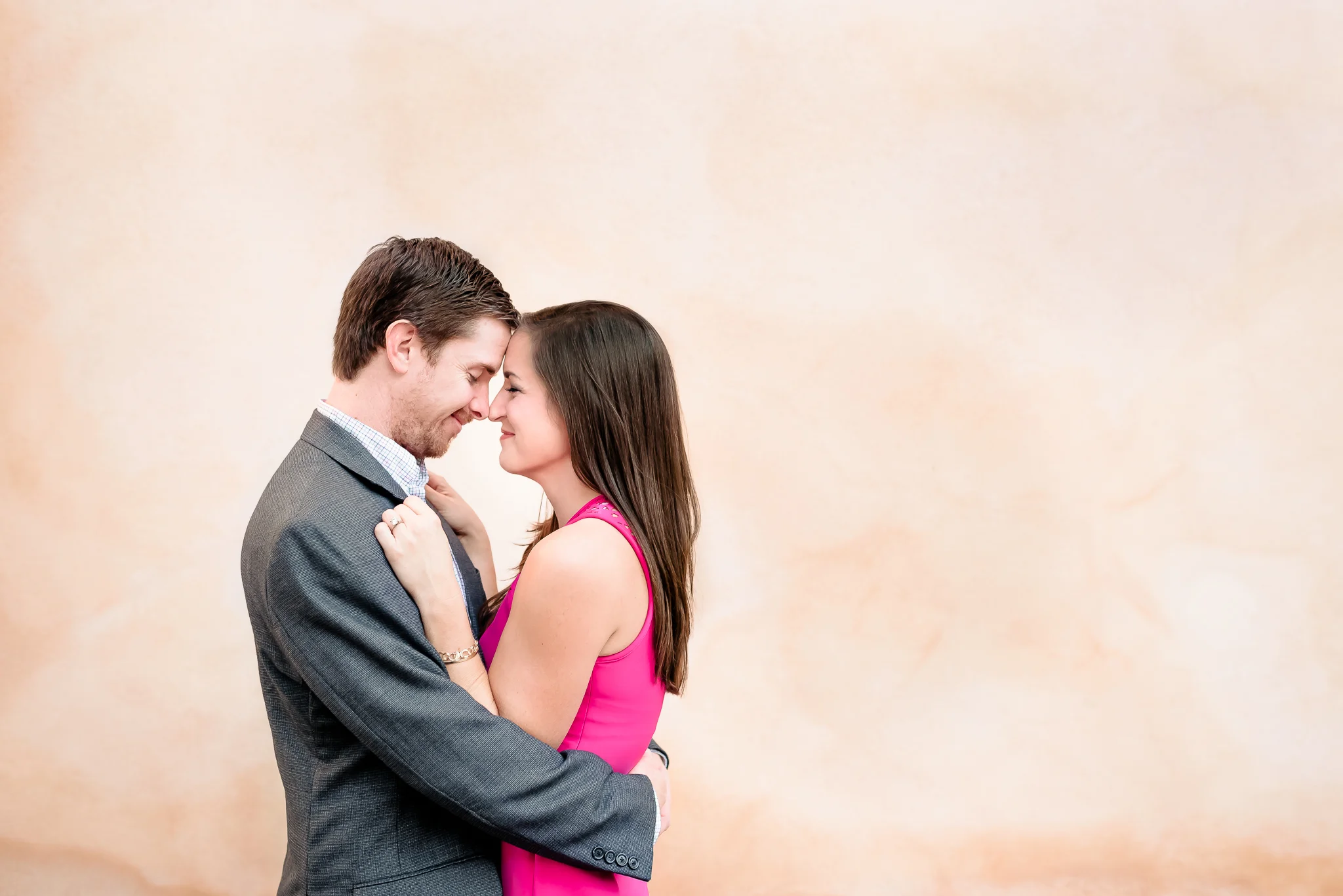 Stylish, Romantic, laid back Downtown Charleston SC Engagement Photographer, Pink fuchsia dress
