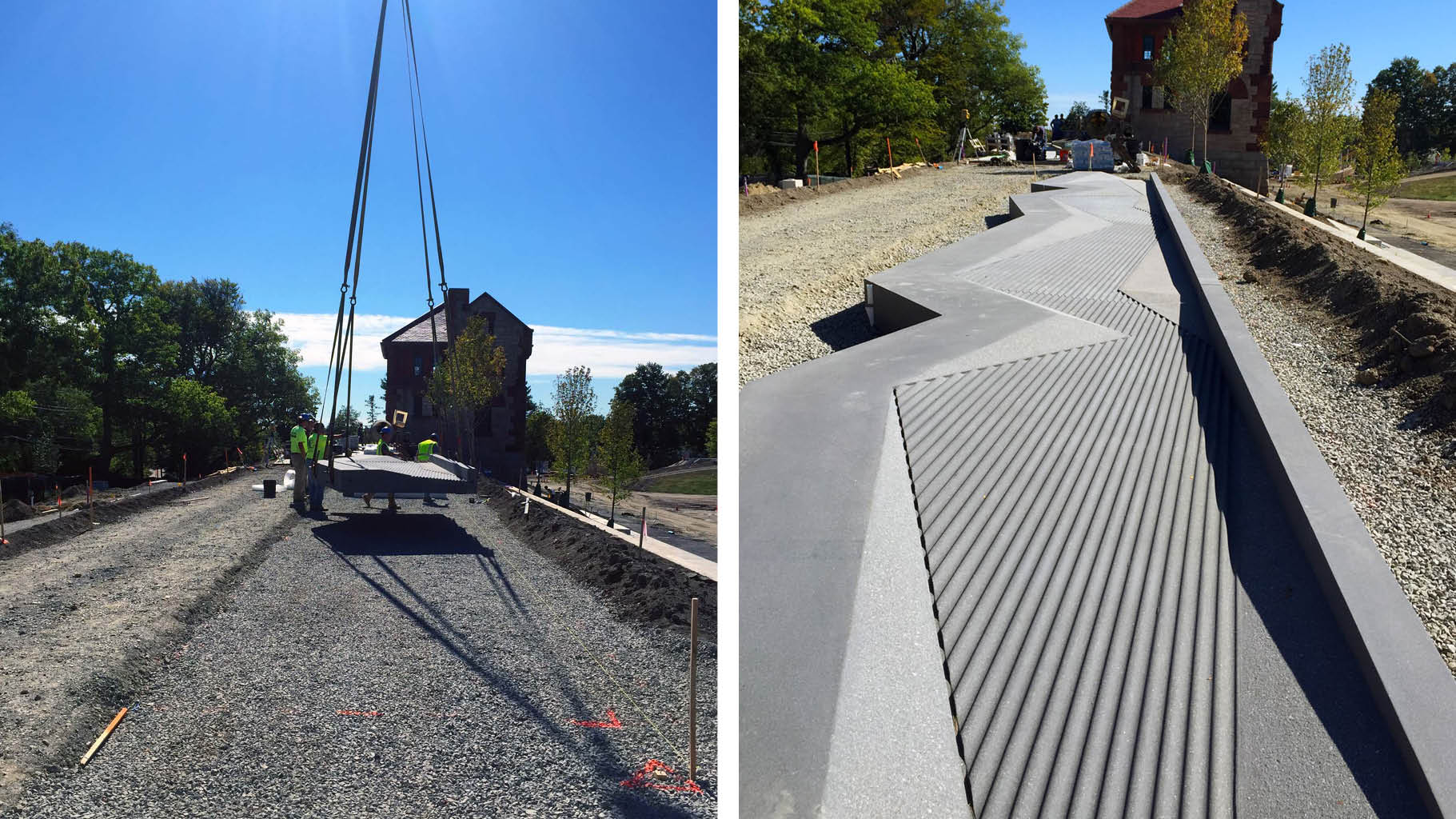 Precast water feature being set and positioned on the original Fisher Hill Reservoir berm
