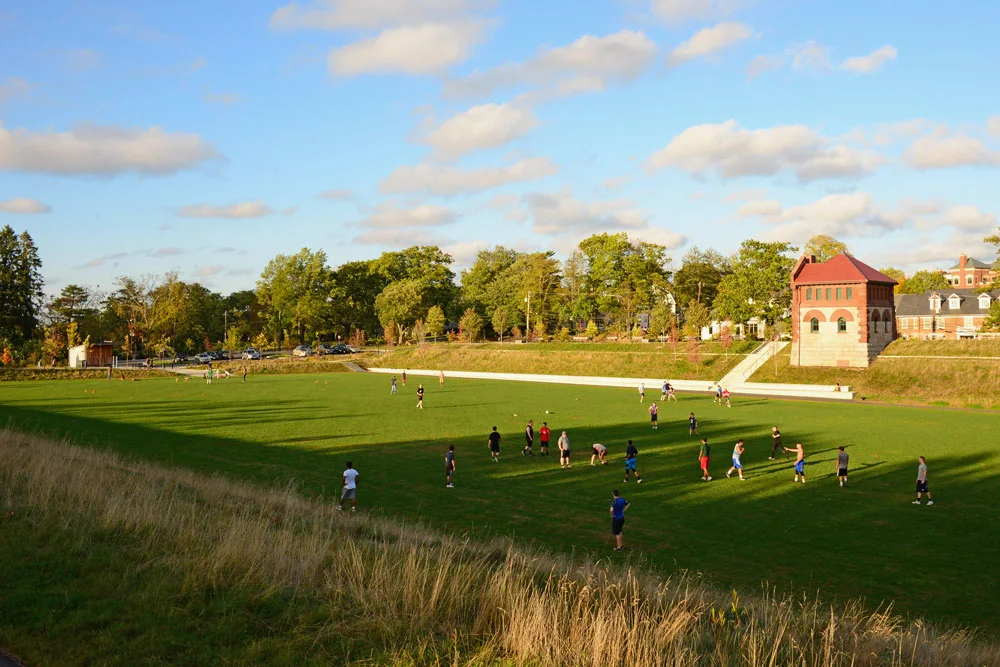 View looking across the reservoir at the historic gatehouse. Both the Reservoir and Gatehouse were added to the National Register of Historic Places in 1990.