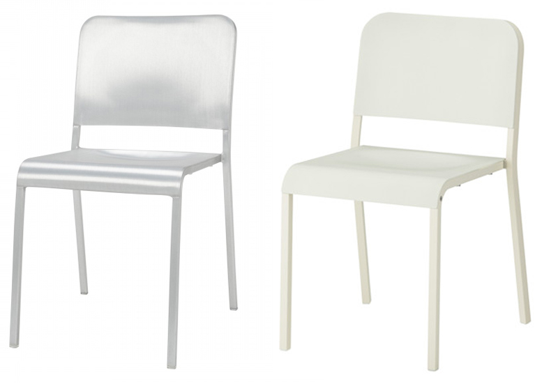 IKEA's Melltorp dining chair (right) looks suspiciously similar to Emeco's 20-06 Stacking Chair (left).