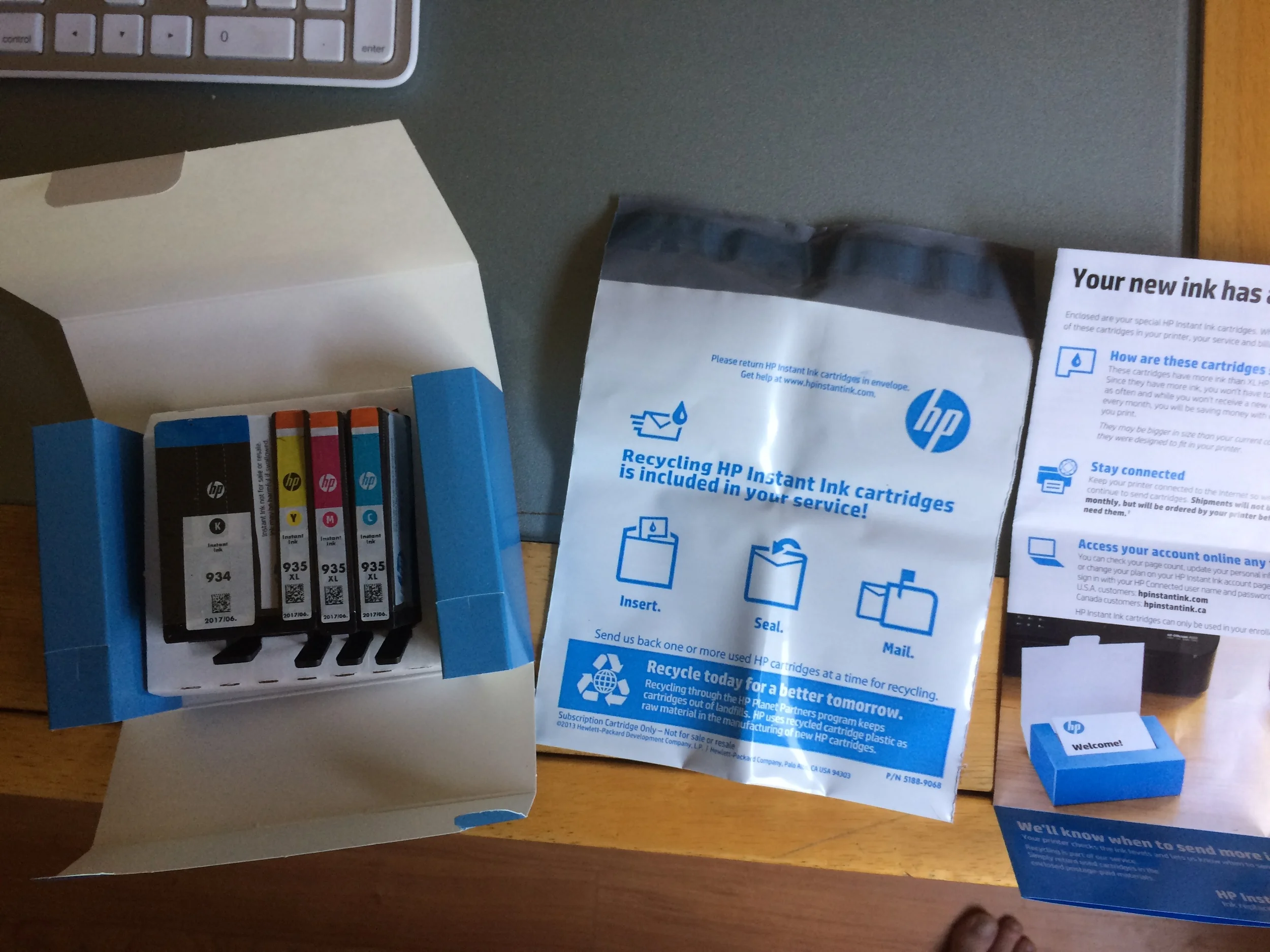 Welcome letter and recycling package for old ink.